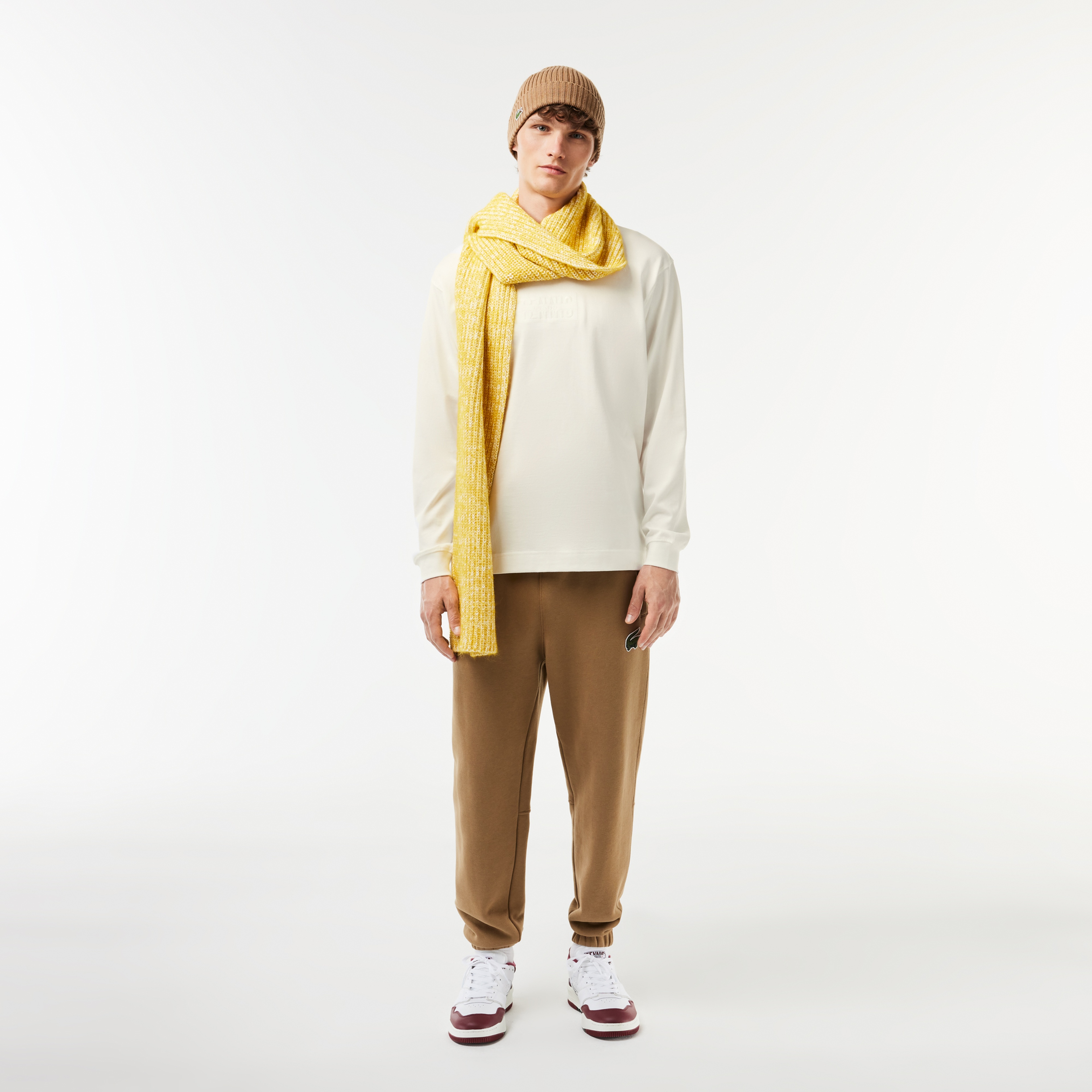 Erkek Loose Fit Uzun Kollu Bisiklet Yaka Baskılı Ekru T-Shirt