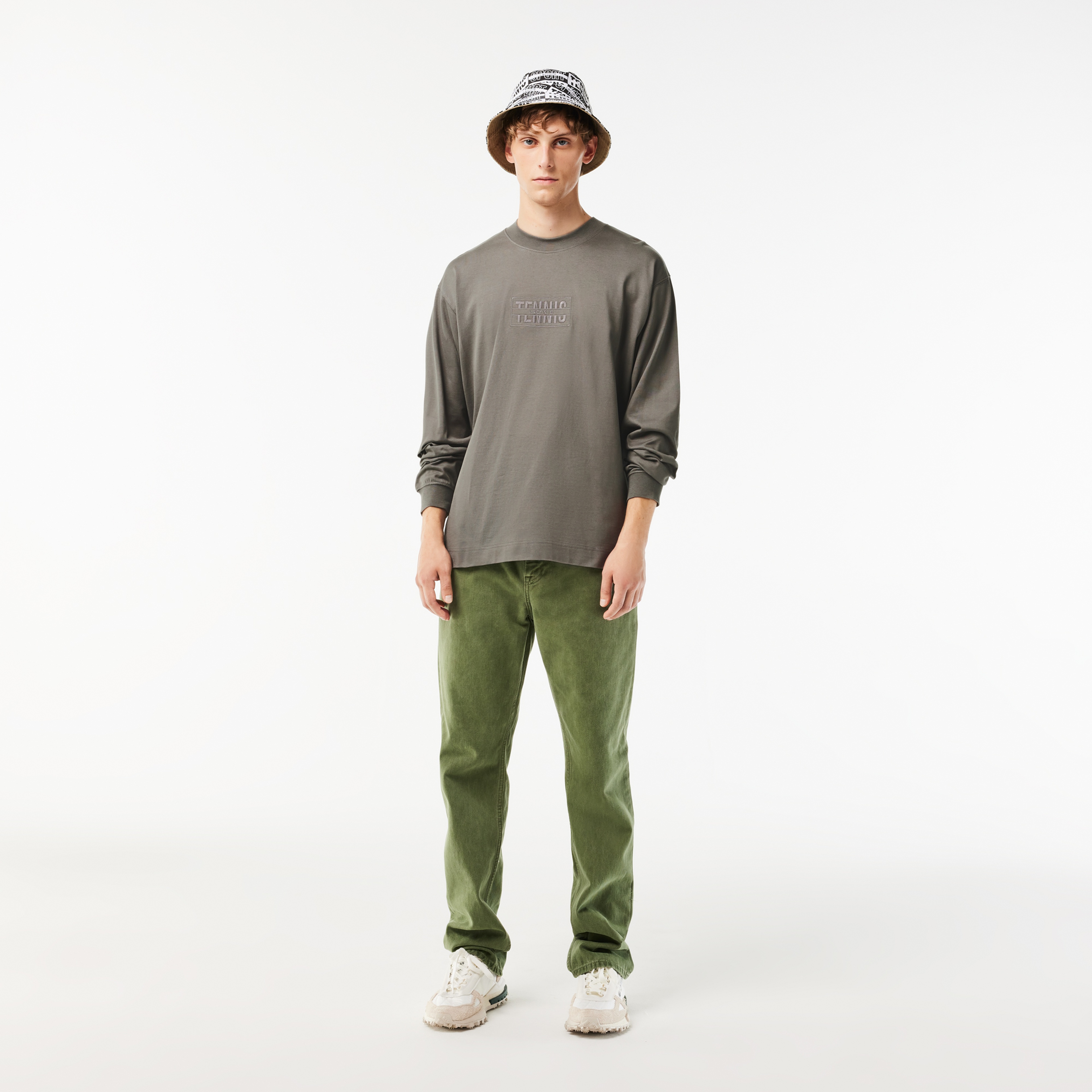 Erkek Loose Fit Uzun Kollu Bisiklet Yaka Baskılı Koyu Gri T-Shirt