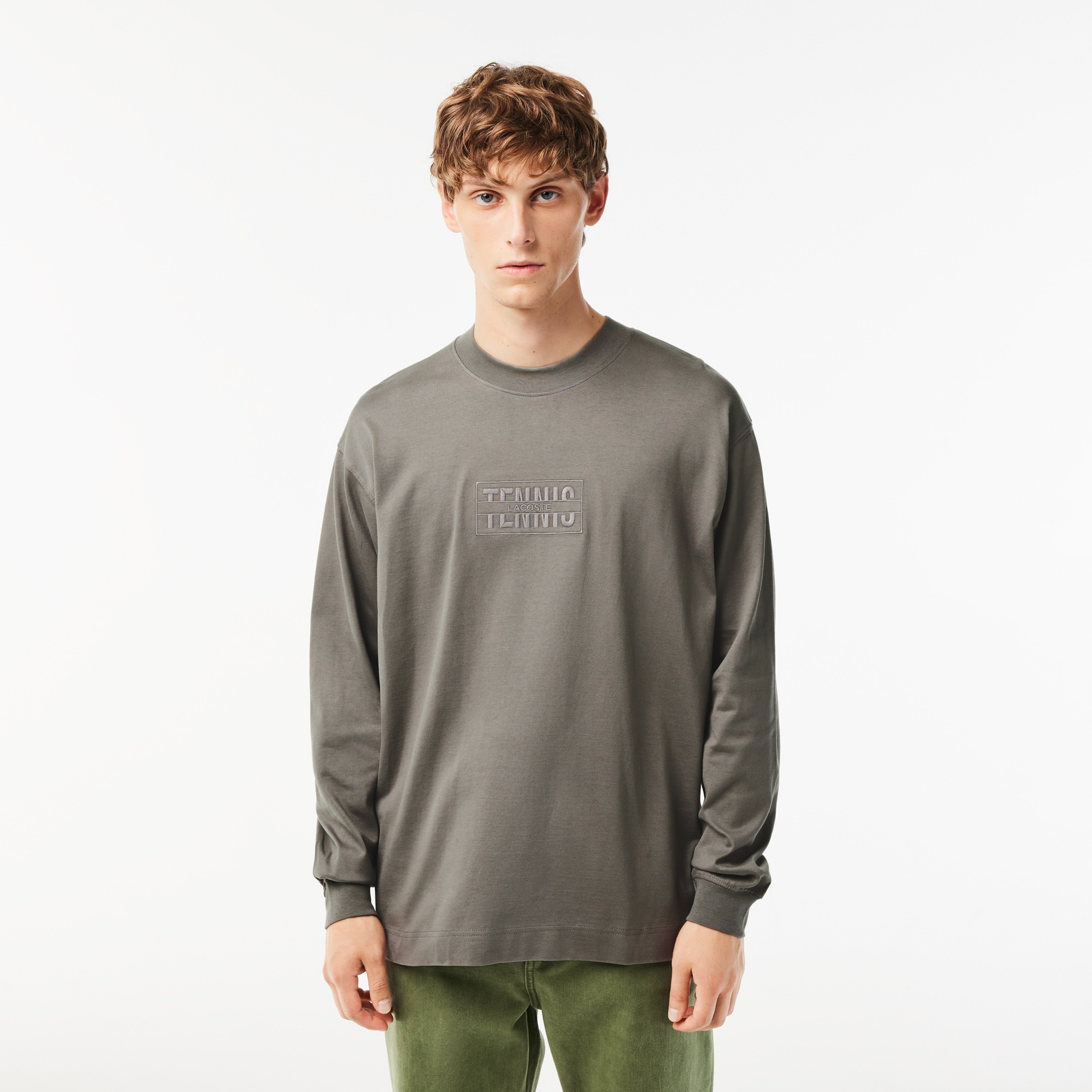 Erkek Loose Fit Uzun Kollu Bisiklet Yaka Baskılı Koyu Gri T-Shirt