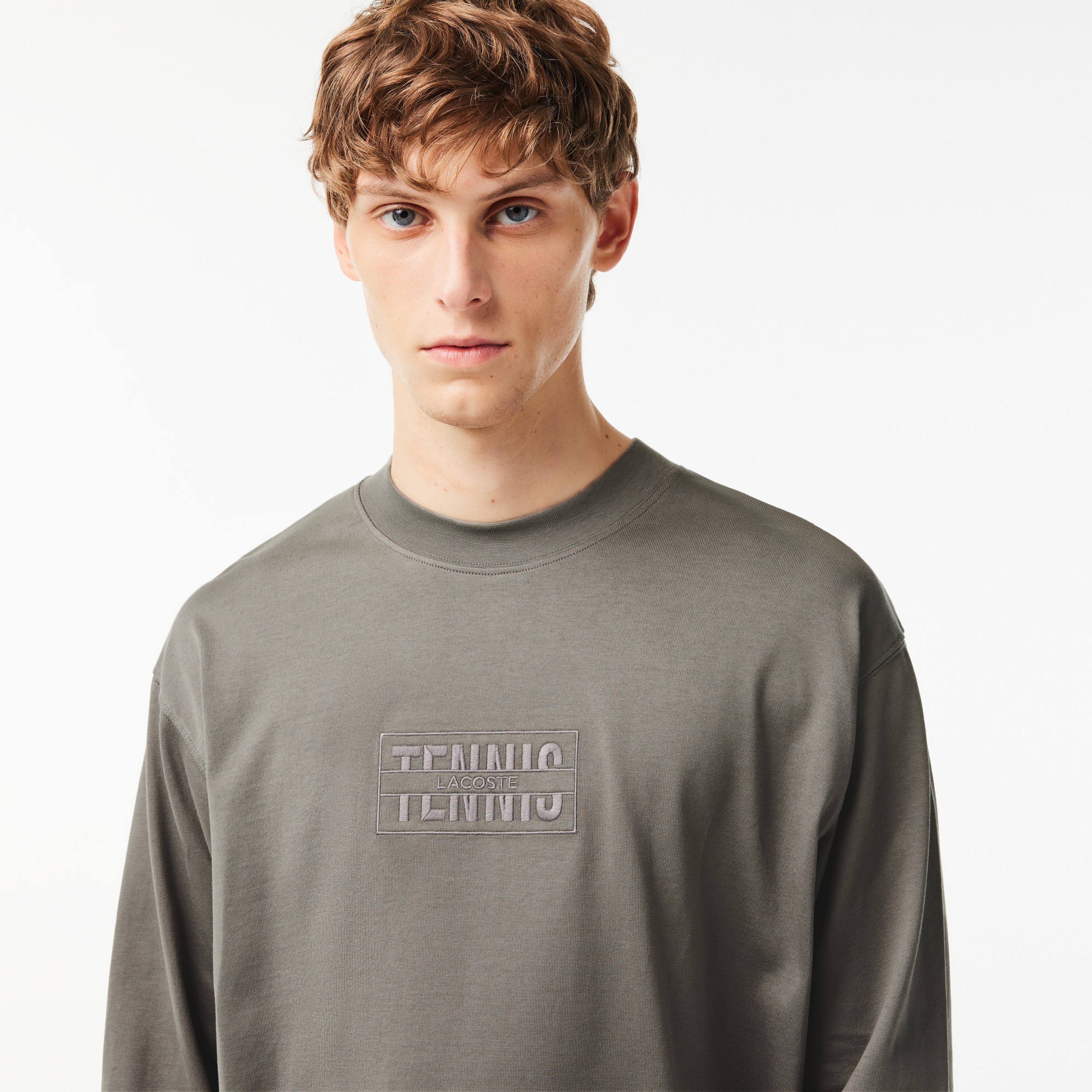 Erkek Loose Fit Uzun Kollu Bisiklet Yaka Baskılı Koyu Gri T-Shirt