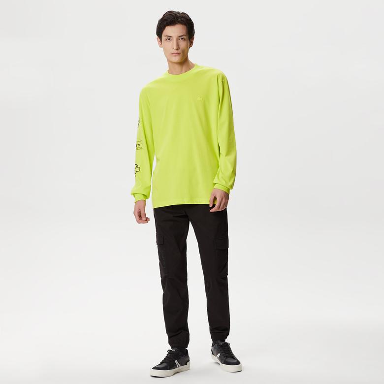 Erkek Relaxed Fit Uzun Kollu Bisiklet Yaka Baskılı Sarı T-Shirt