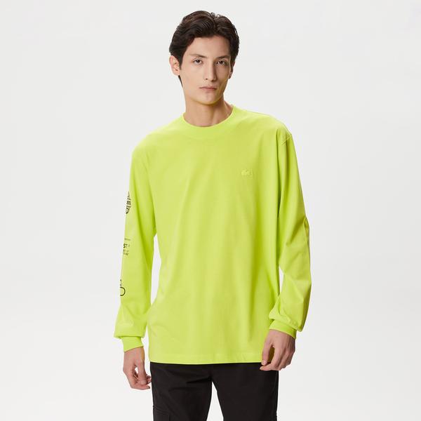 Erkek Relaxed Fit Uzun Kollu Bisiklet Yaka Baskılı Sarı T-Shirt