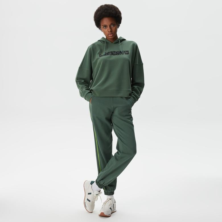 Kadın Crop Fit Kapüşonlu Baskılı Yeşil Sweatshirt