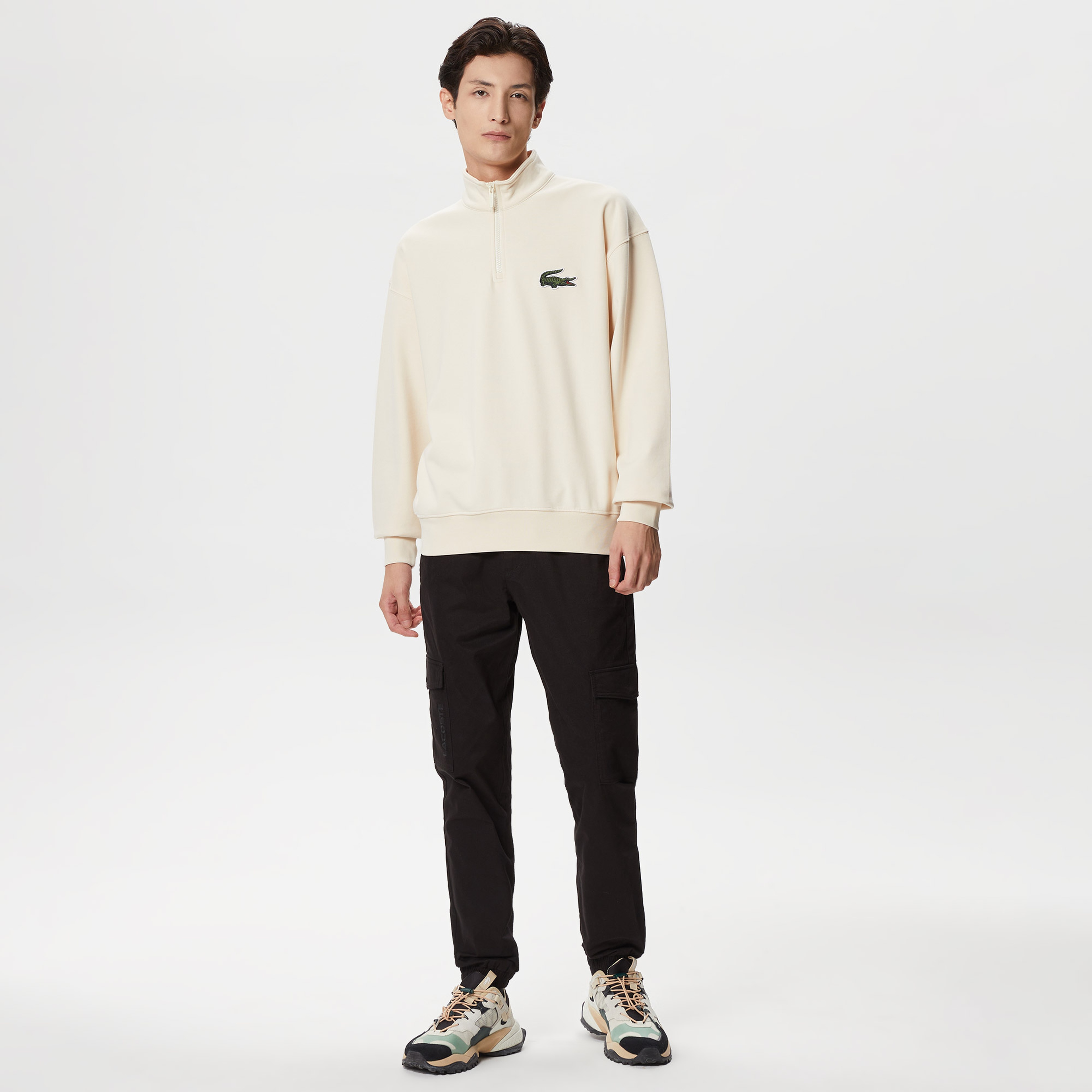 Lacoste Unisex Loose Fit Yarım Fermuarlı Krem Sweatshirt