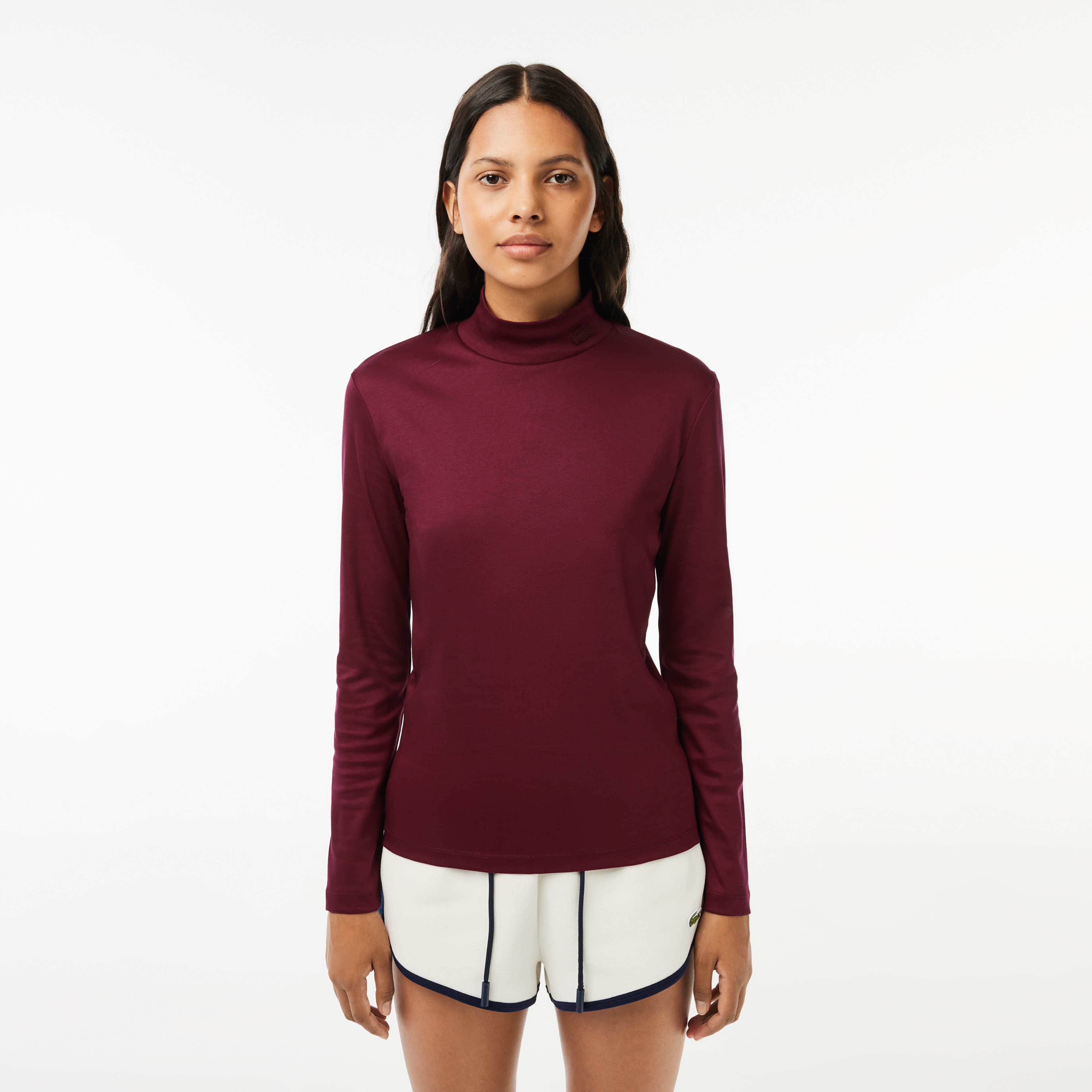 Kadın Slim Fit Uzun Kollu Dik Yaka Bordo T-Shirt