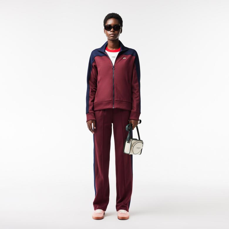 Kadın Regular Fit Fermuarlı Renk Bloklu Bordo Sweatshirt