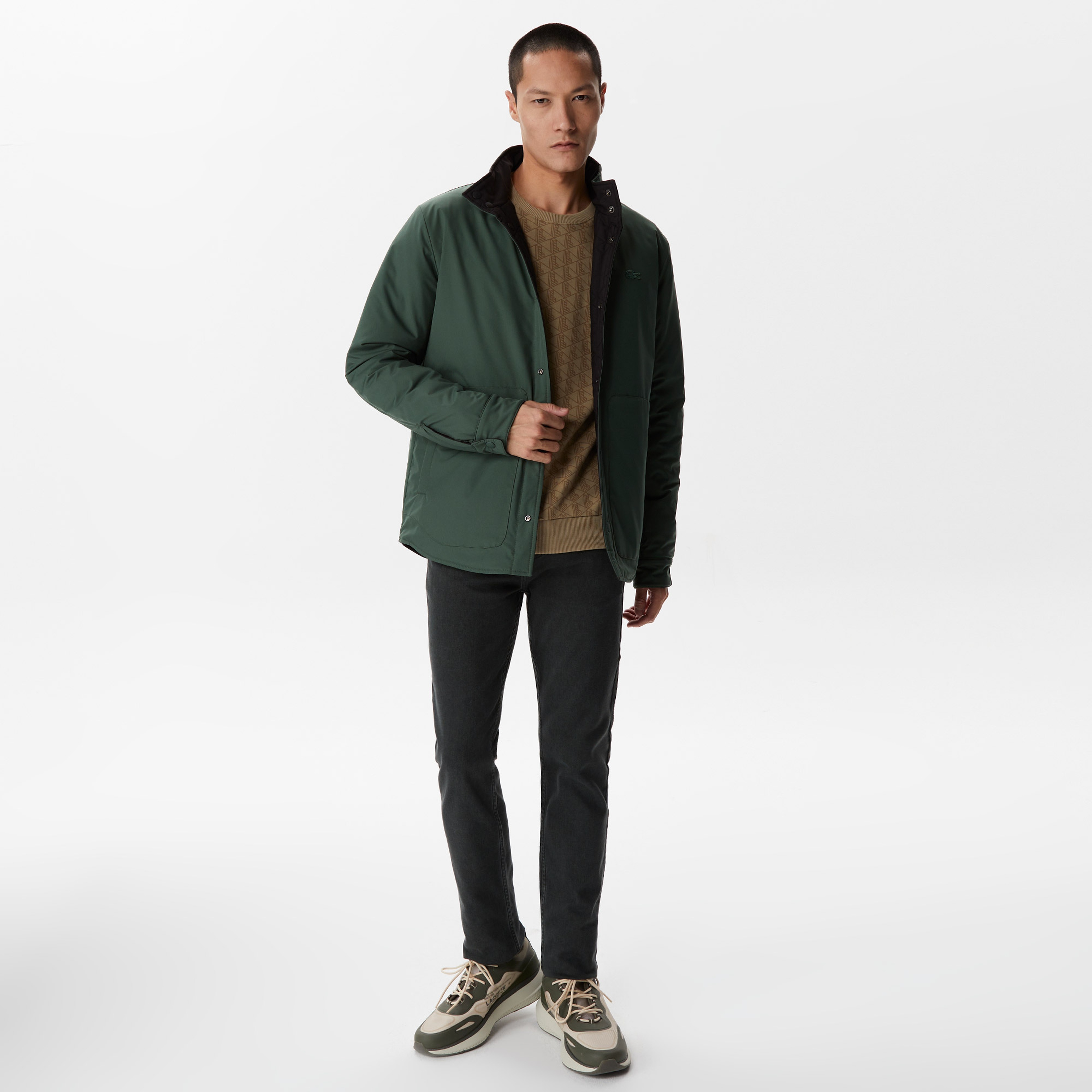 Erkek Kapüşonlu Monogram Siyah Mont