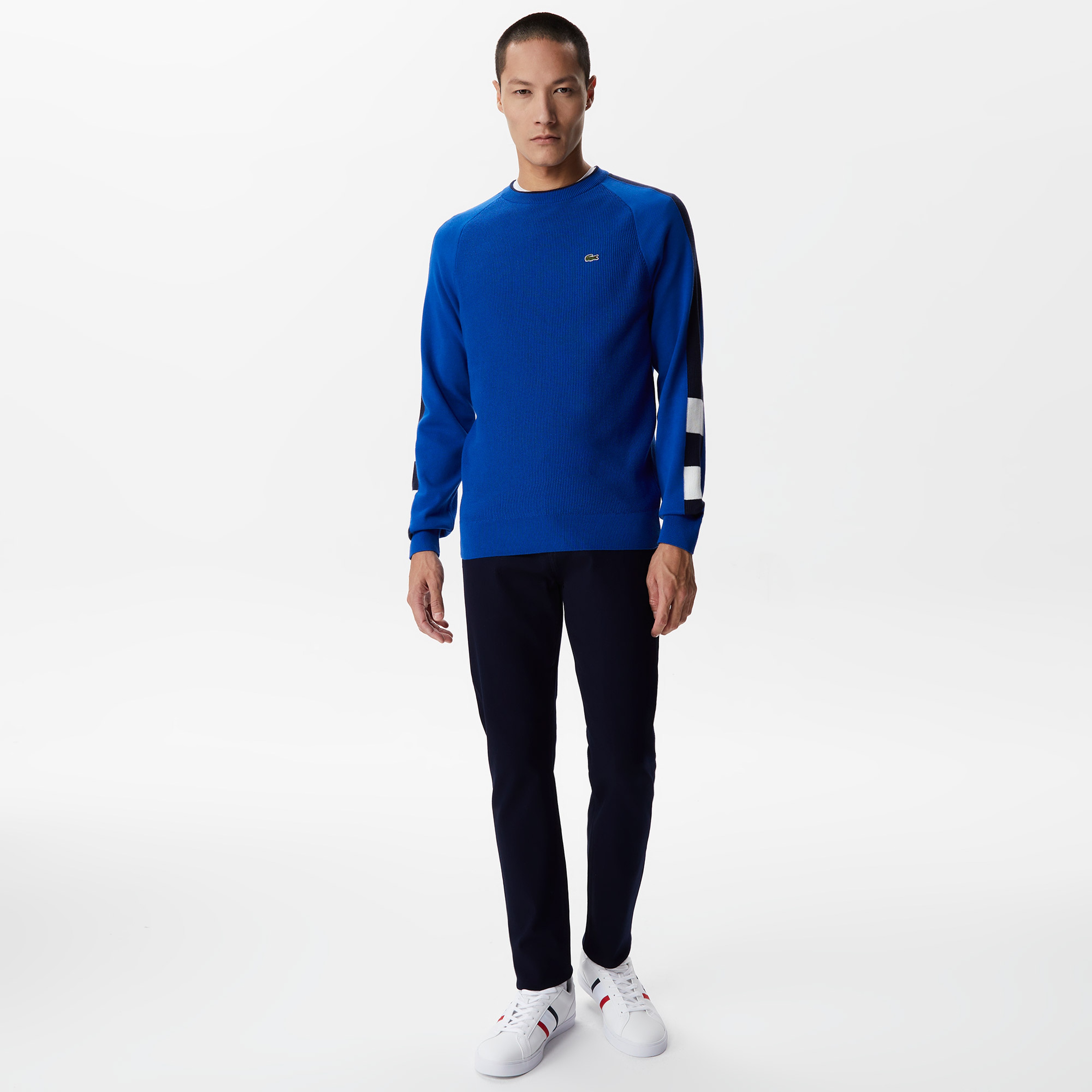 Erkek Regular Fit Uzun Kollu Bisiklet Yaka Renk Bloklu Mavi Triko
