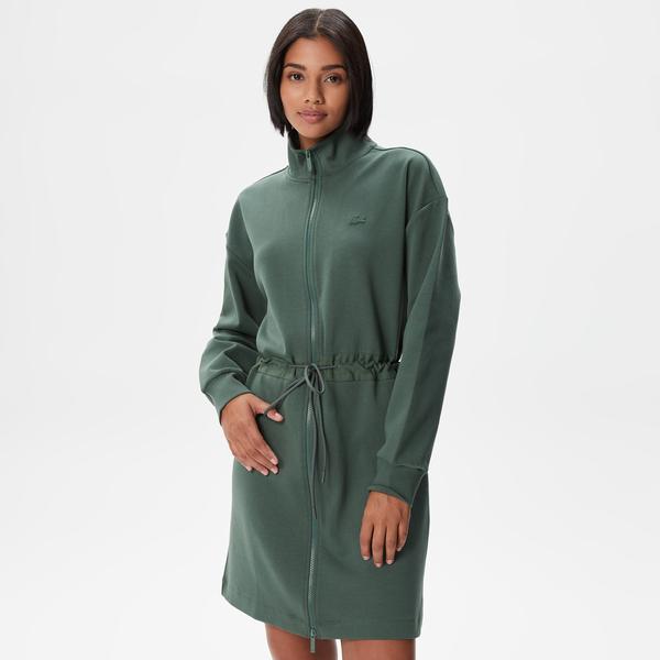 Kadın Loose Fit Uzun Kollu Dik Yaka Haki Elbise