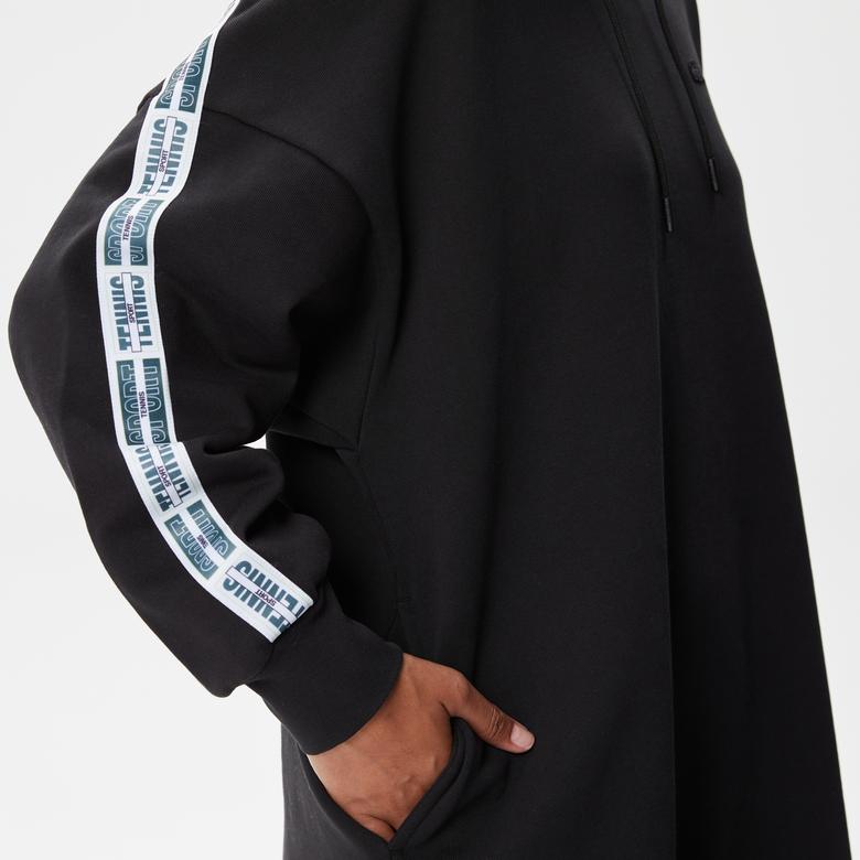 Kadın Loose Fit Truvakar Kollu Kapüşonlu Baskılı Siyah Elbise