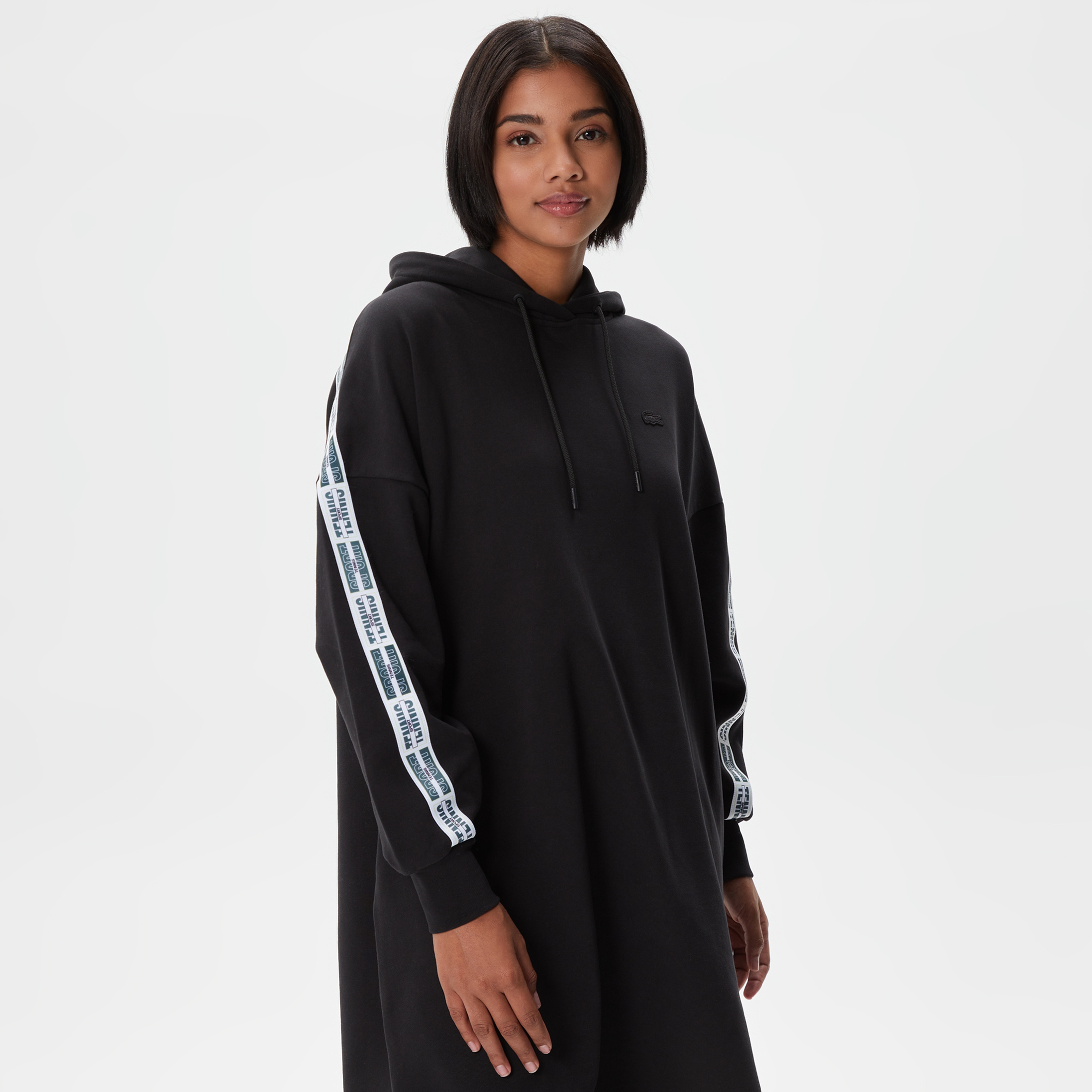 Kadın Loose Fit Truvakar Kollu Kapüşonlu Baskılı Siyah Elbise