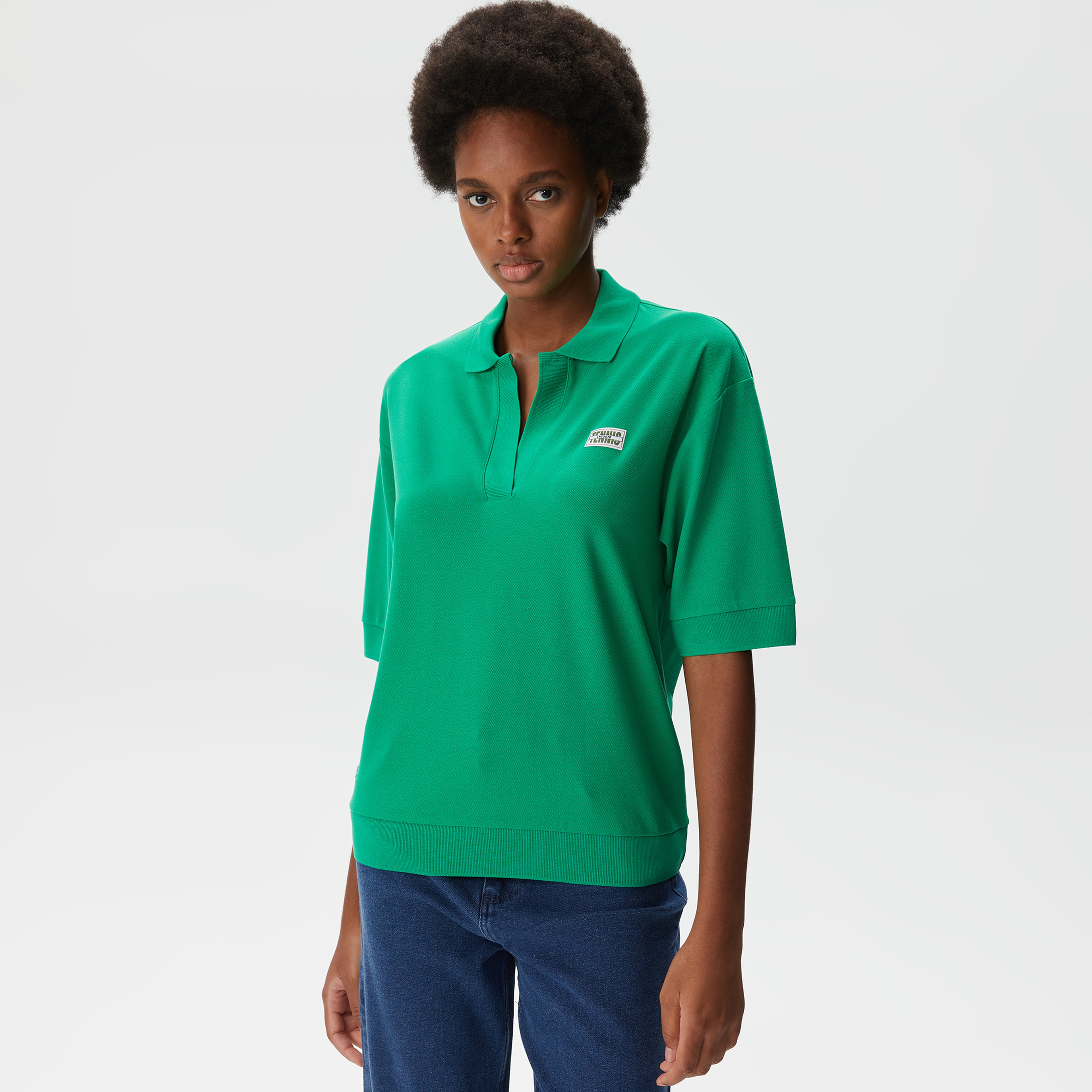 Kadın Loose Fit V Yaka Açık Yeşil Polo