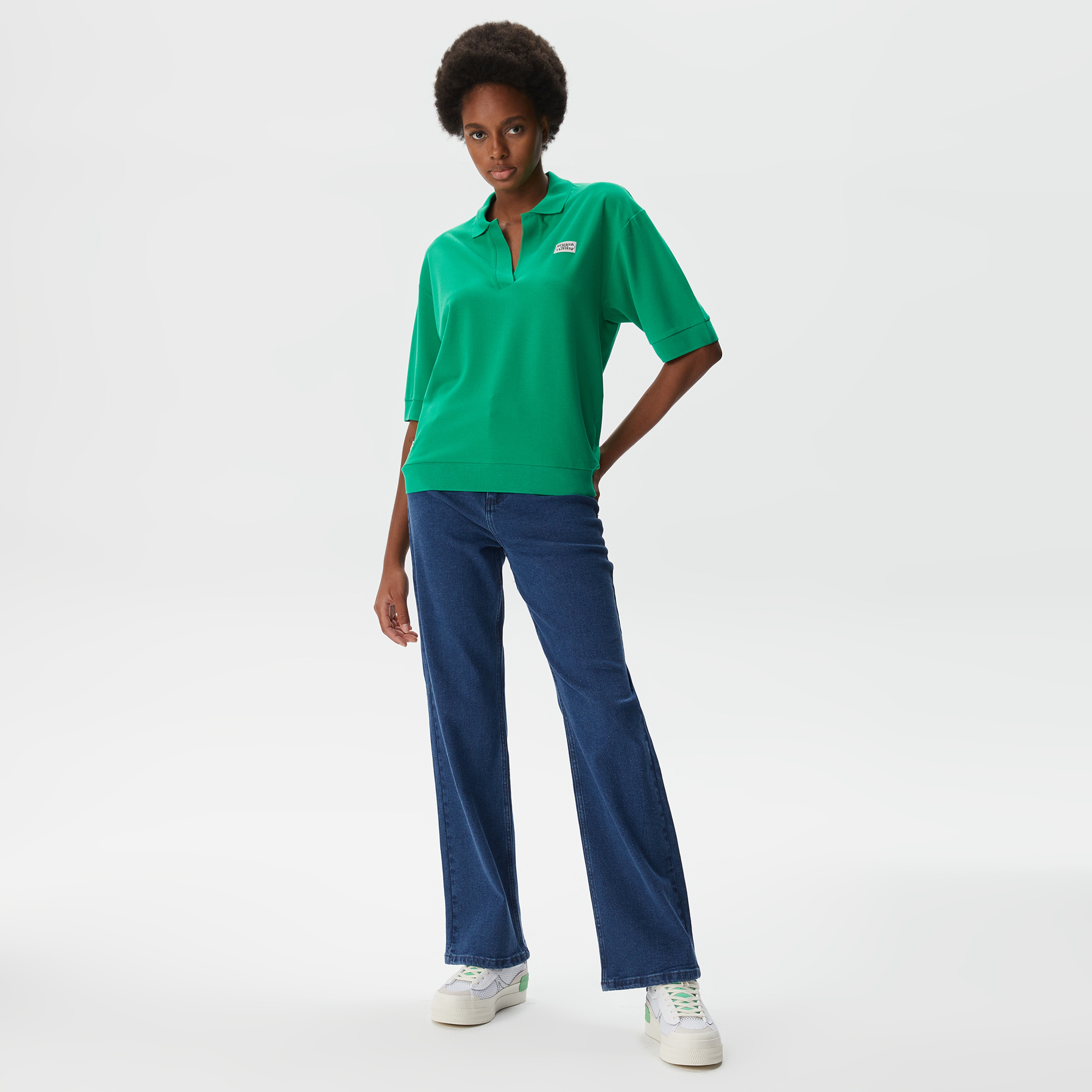 Kadın Loose Fit V Yaka Açık Yeşil Polo