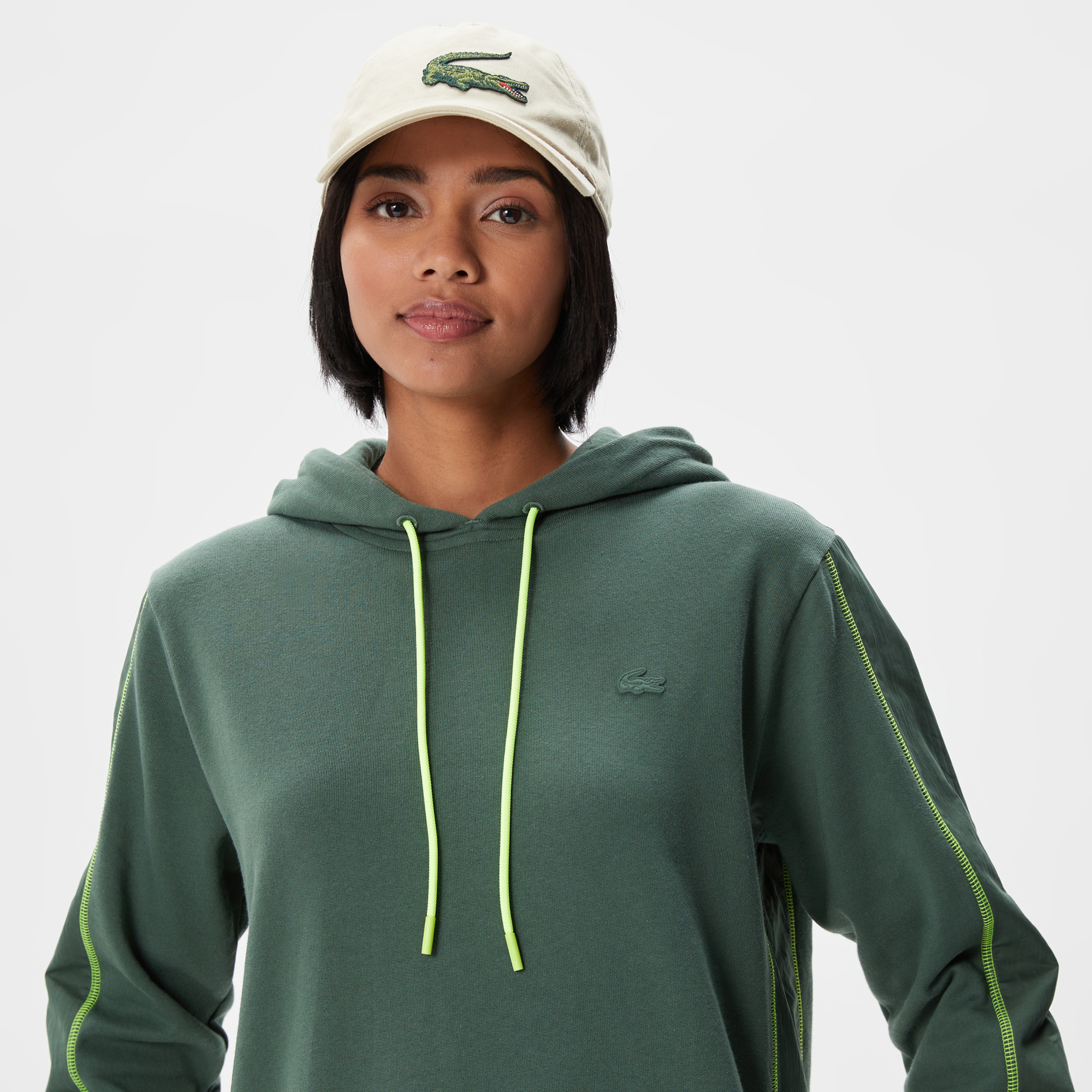 Kadın Loose Fit Uzun Kollu Kapüşonlu Desenli Haki Elbise