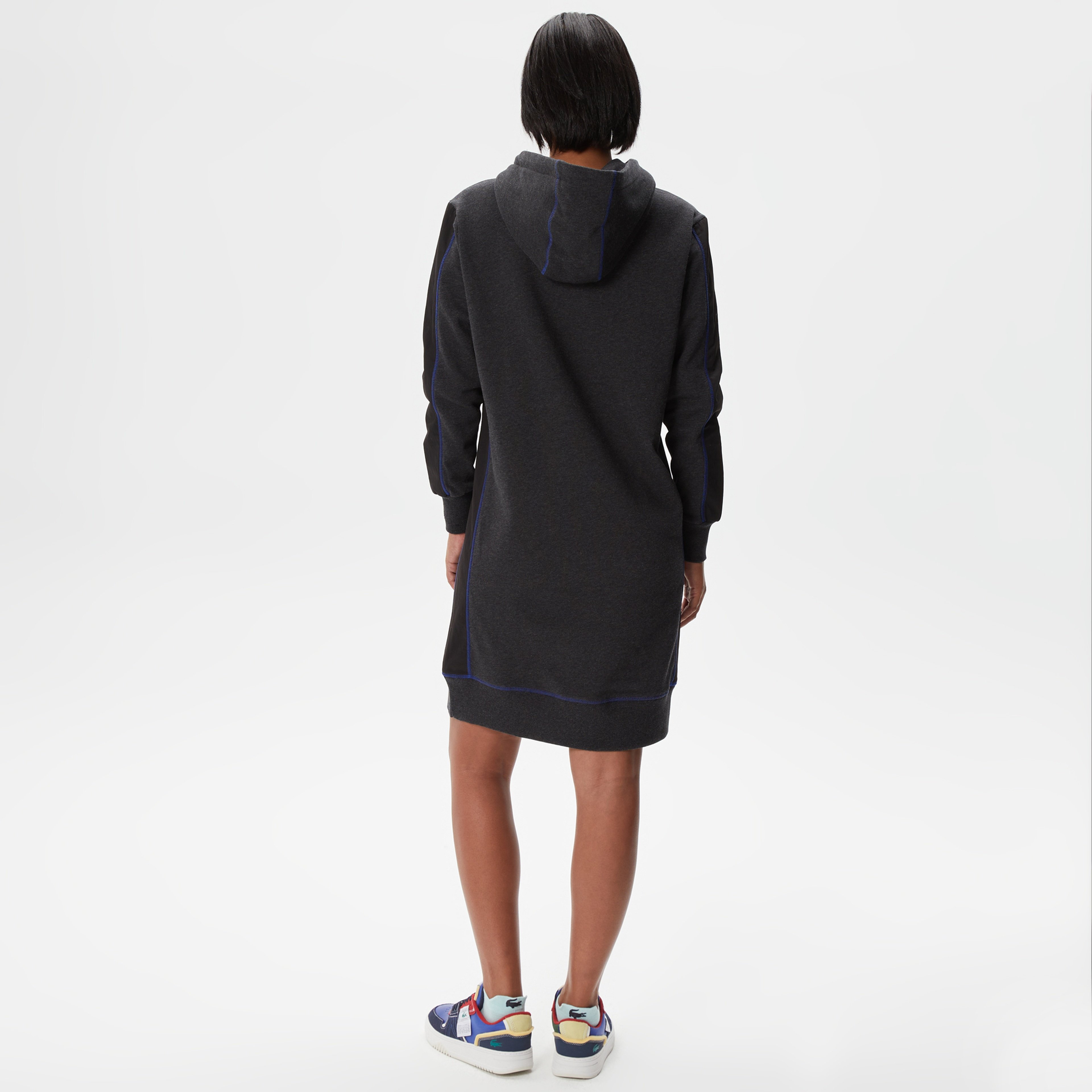 Kadın Loose Fit Uzun Kollu Kapüşonlu Desenli Siyah Elbise