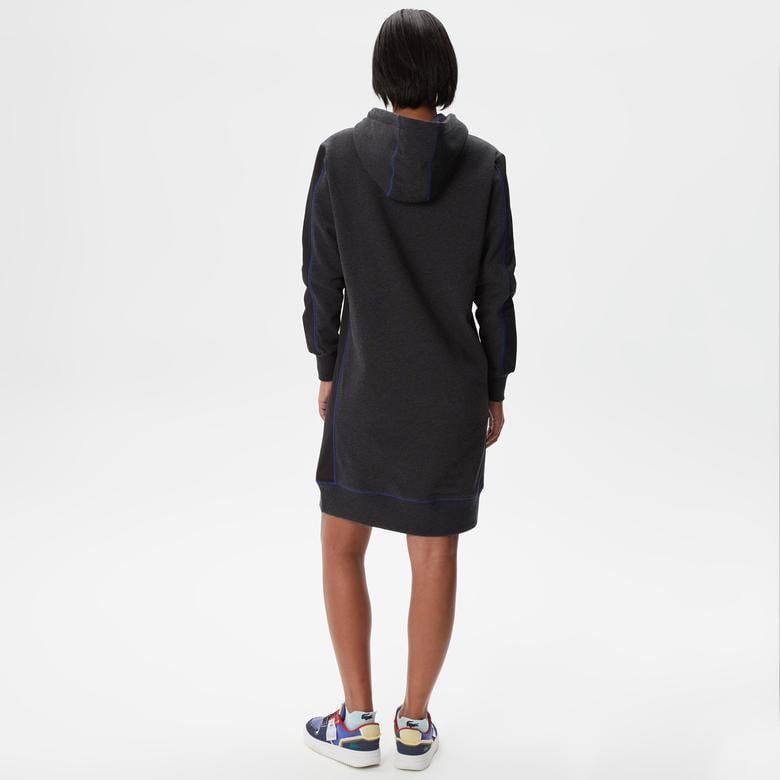 Kadın Loose Fit Uzun Kollu Kapüşonlu Desenli Siyah Elbise