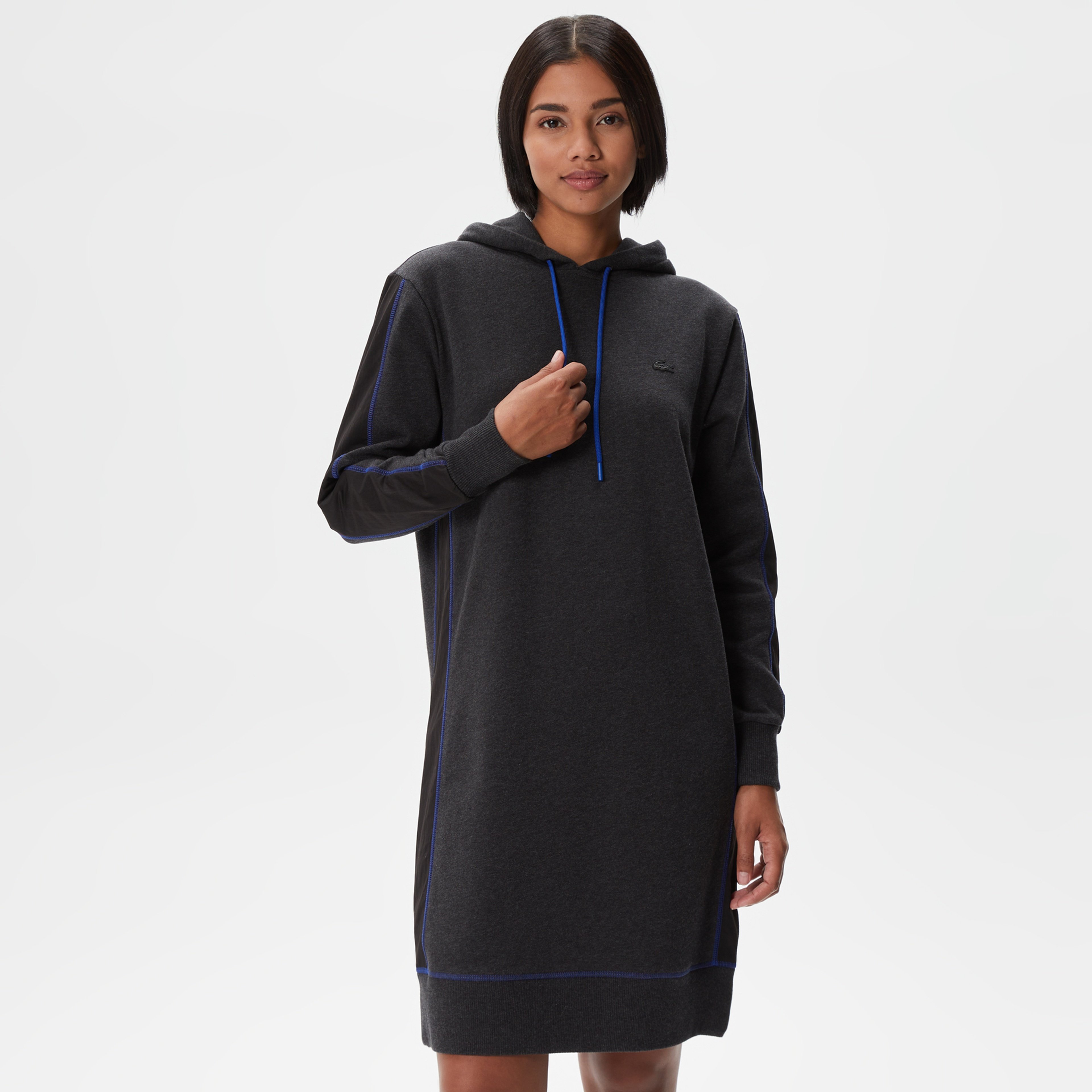 Kadın Loose Fit Uzun Kollu Kapüşonlu Desenli Siyah Elbise