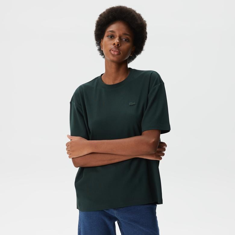 Kadın Relaxed Fit Bisiklet Yaka Koyu Yeşil T-Shirt