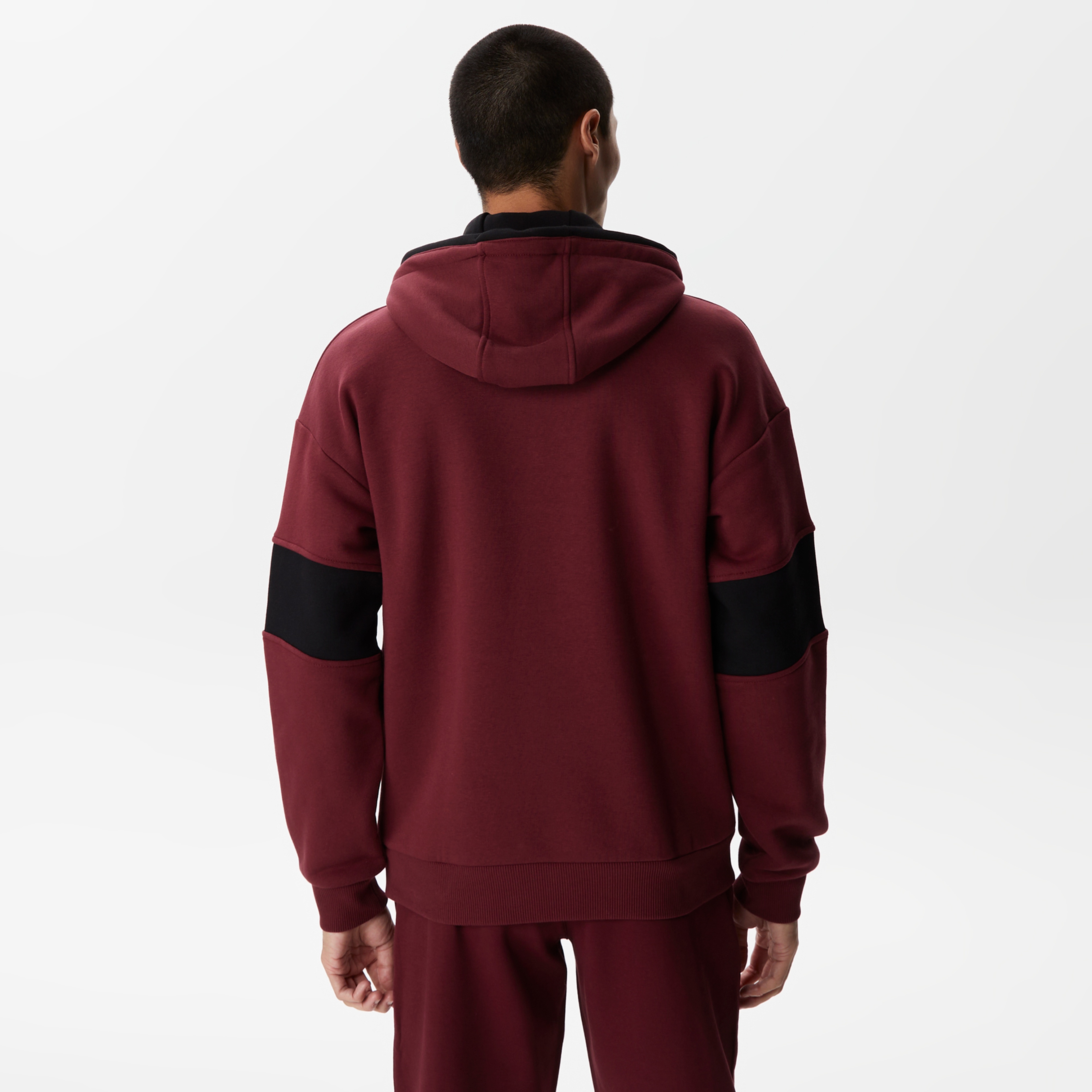 Erkek Relaxed Fit Kapüşonlu Renk Bloklu Bordo Sweatshirt