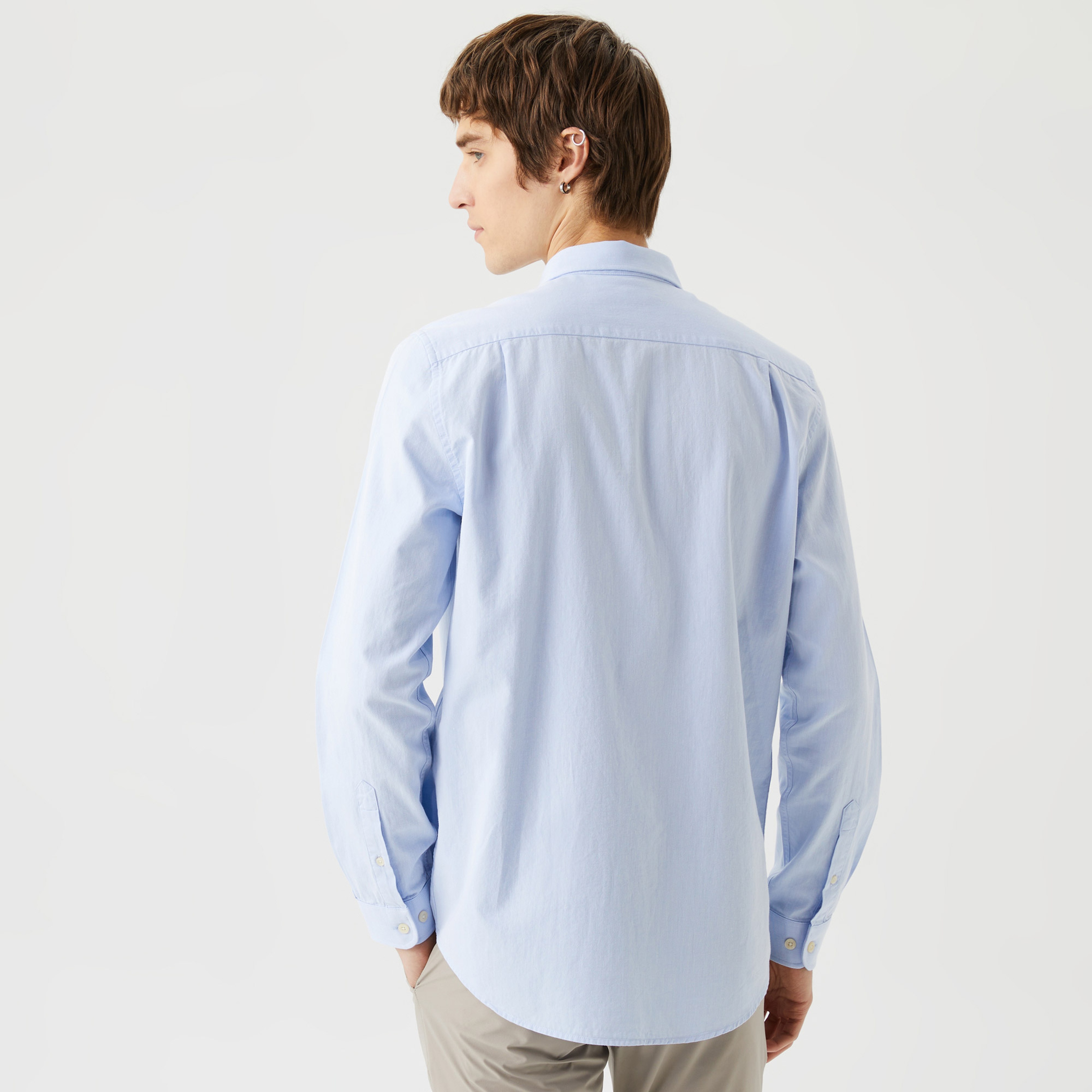 Erkek Slim Fit Düğmeli Yaka Organik Pamuk Mavi Gömlek