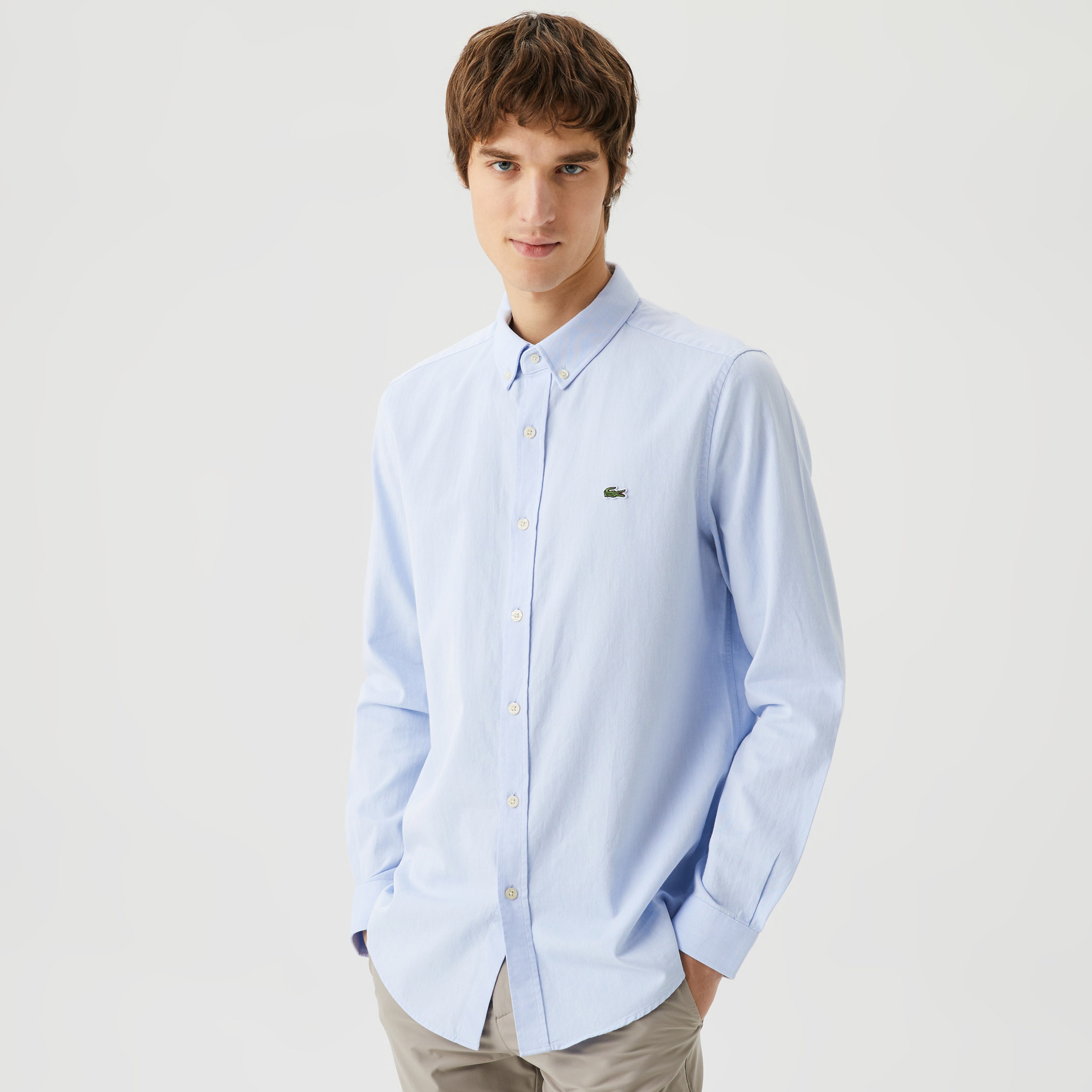 Erkek Slim Fit Düğmeli Yaka Organik Pamuk Mavi Gömlek