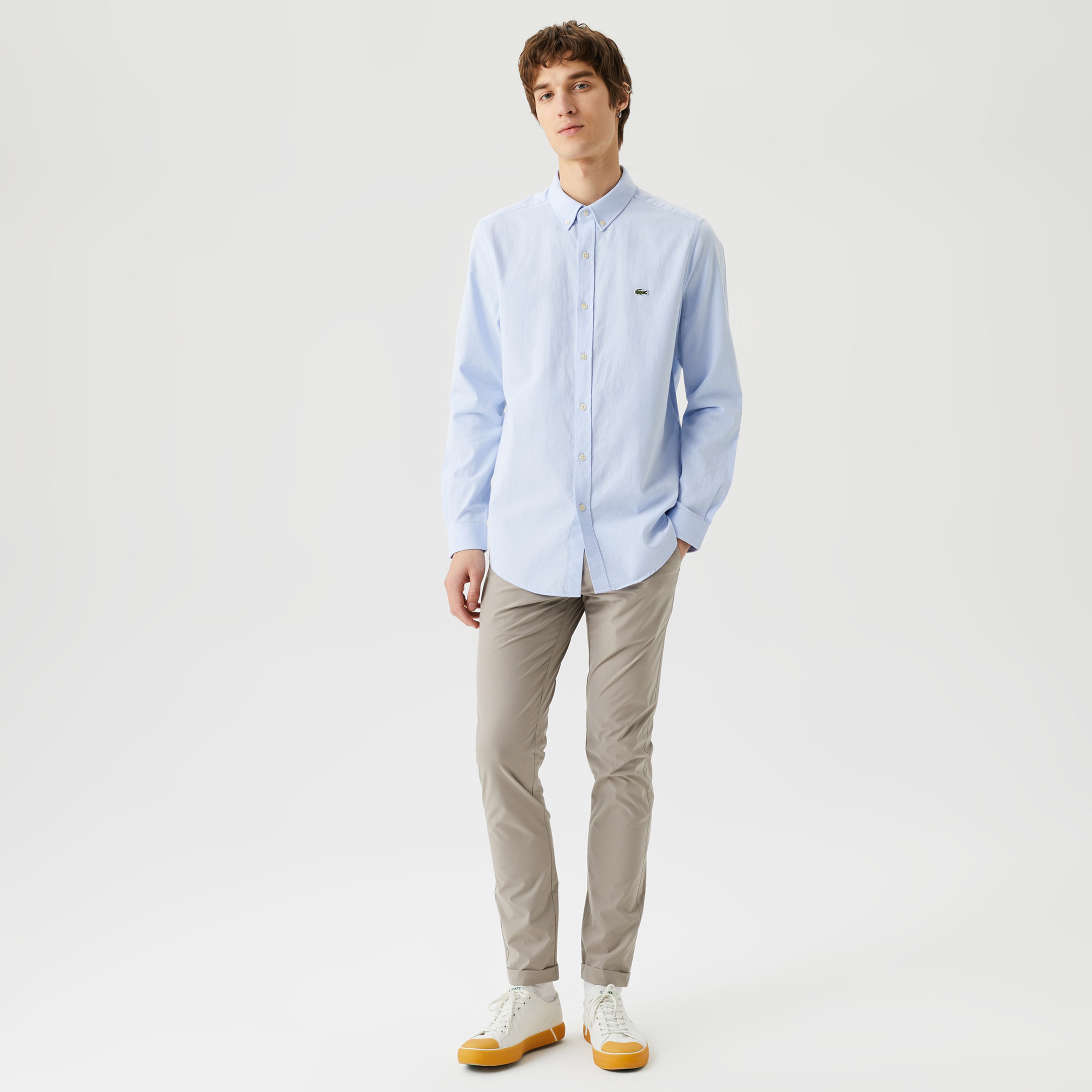 Erkek Slim Fit Düğmeli Yaka Organik Pamuk Mavi Gömlek