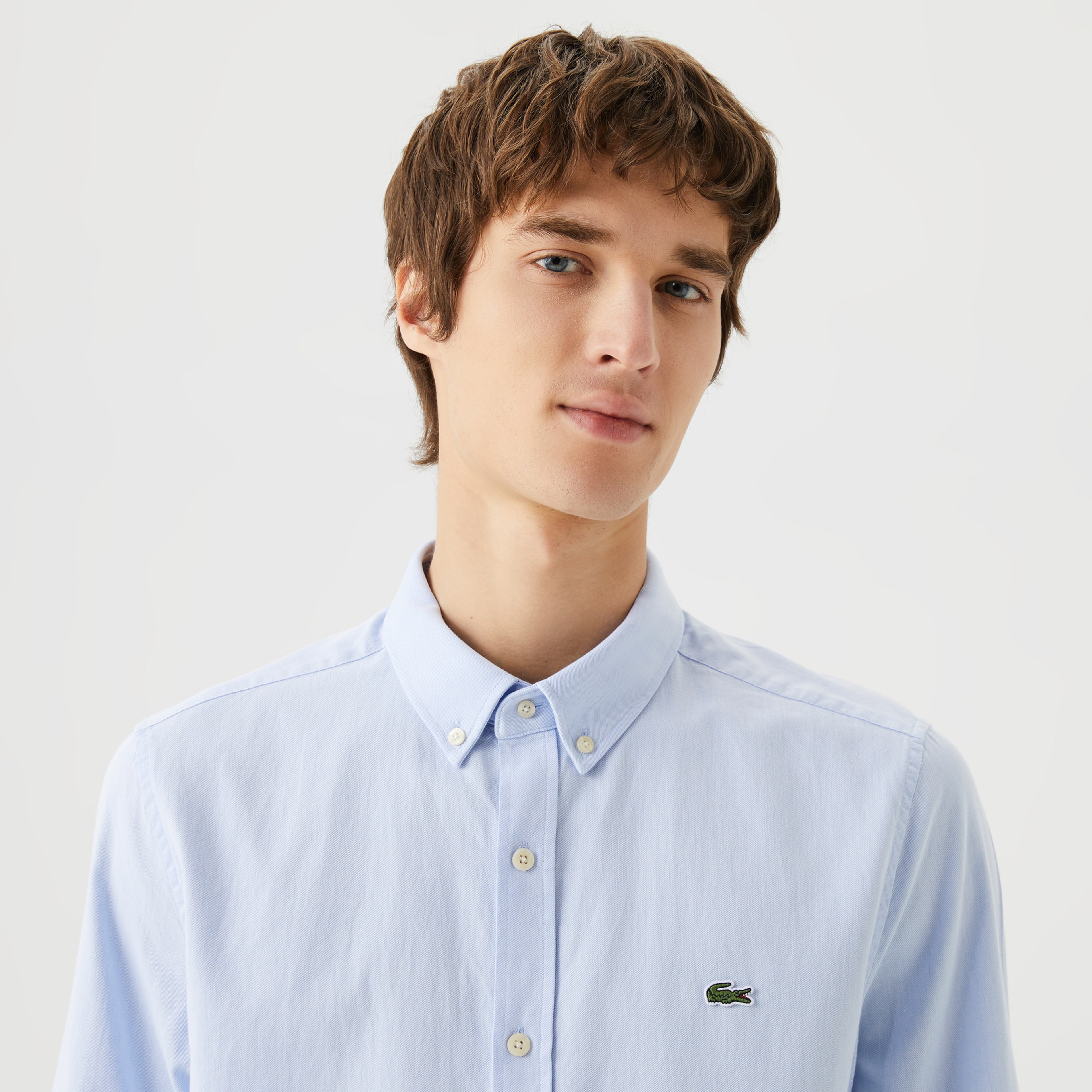Erkek Slim Fit Düğmeli Yaka Organik Pamuk Mavi Gömlek