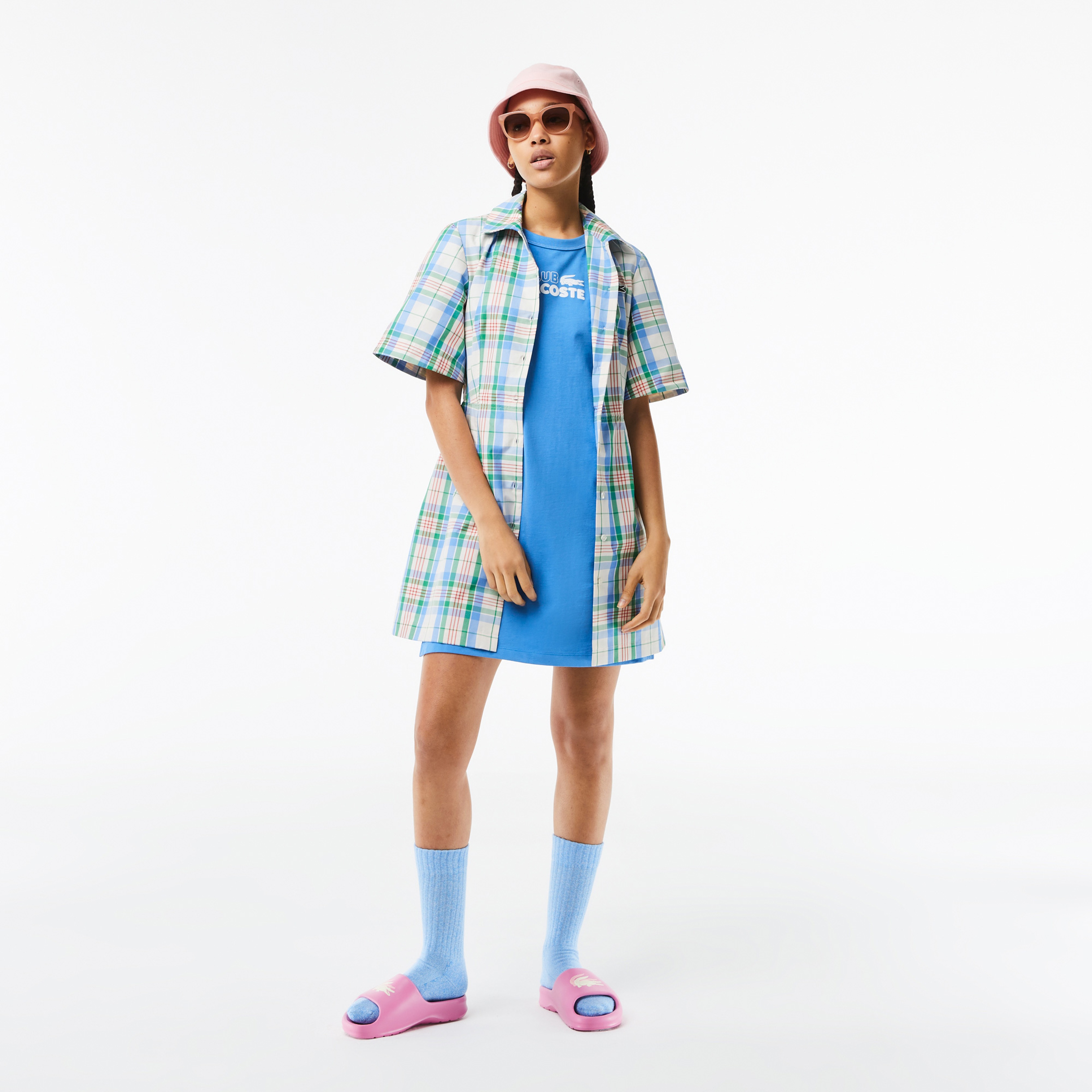 Kadın Oversize Kısa Kollu Bisiklet Yaka Organik Pamuk Baskılı Mavi Elbise