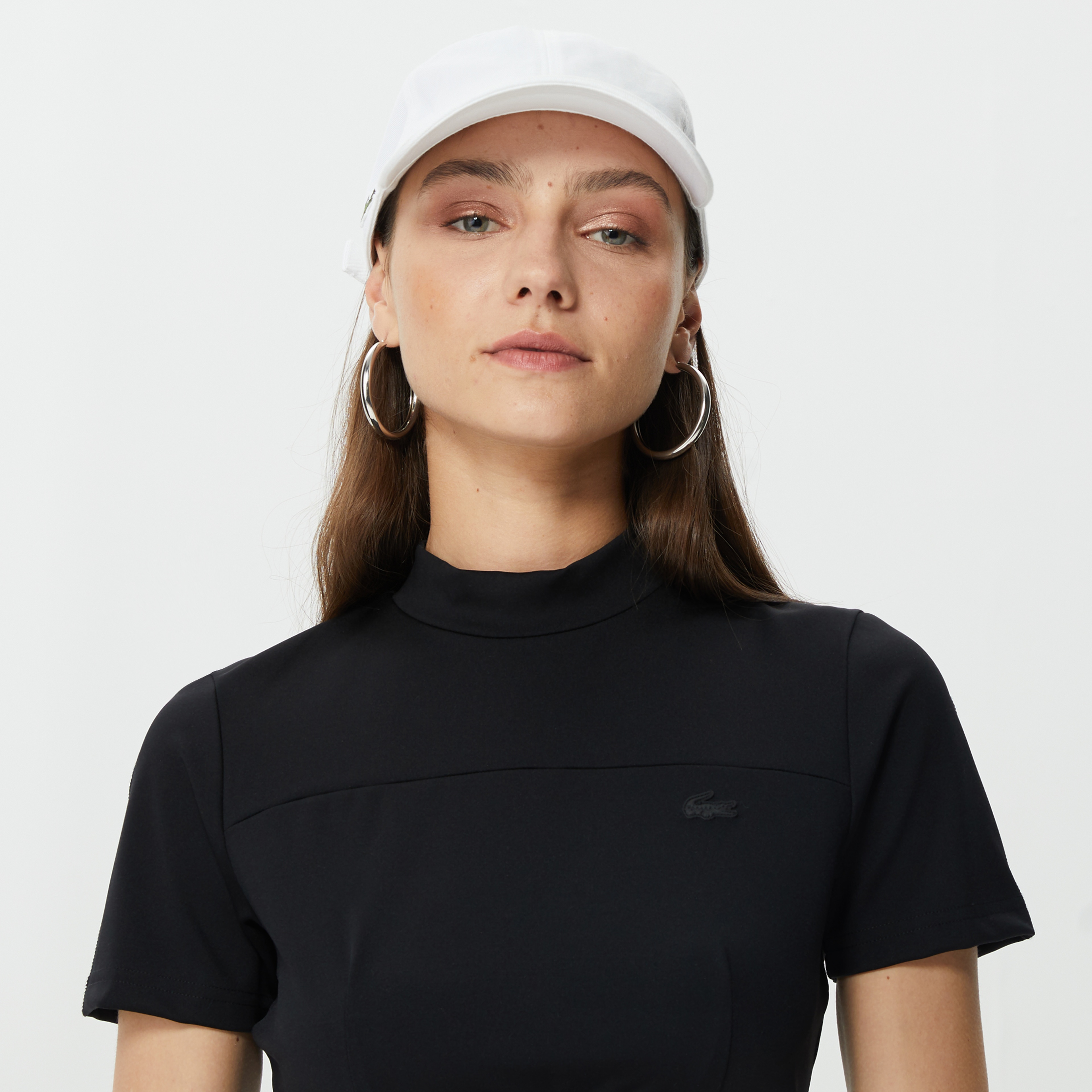 Kadın Slim Fit Dik Yaka Baskılı Siyah T-Shirt