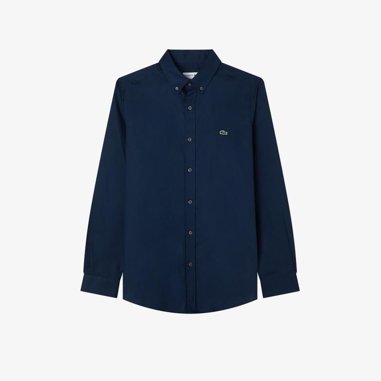 Erkek Slim Fit Düğmeli Yaka Lacivert Gömlek