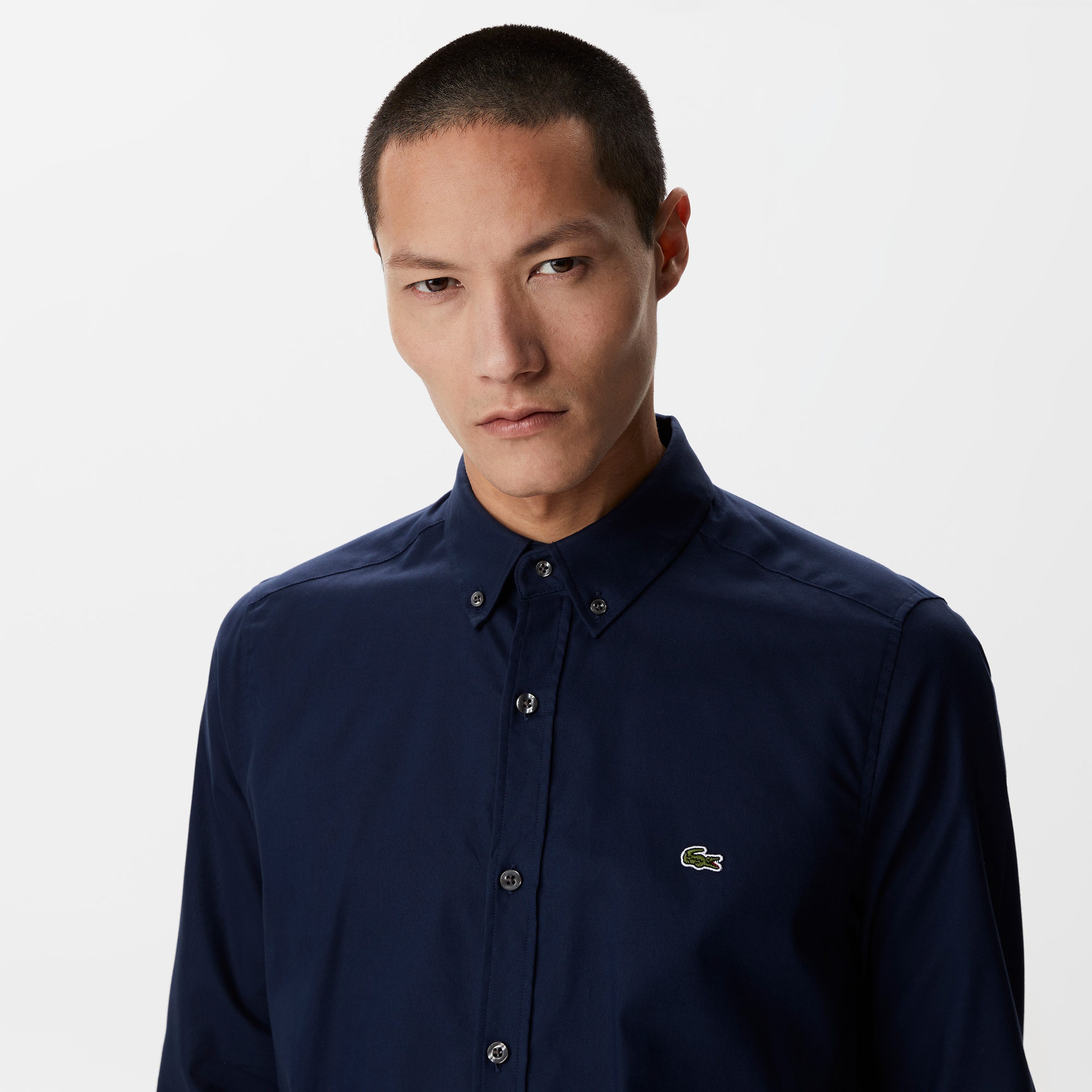 Erkek Slim Fit Düğmeli Yaka Lacivert Gömlek