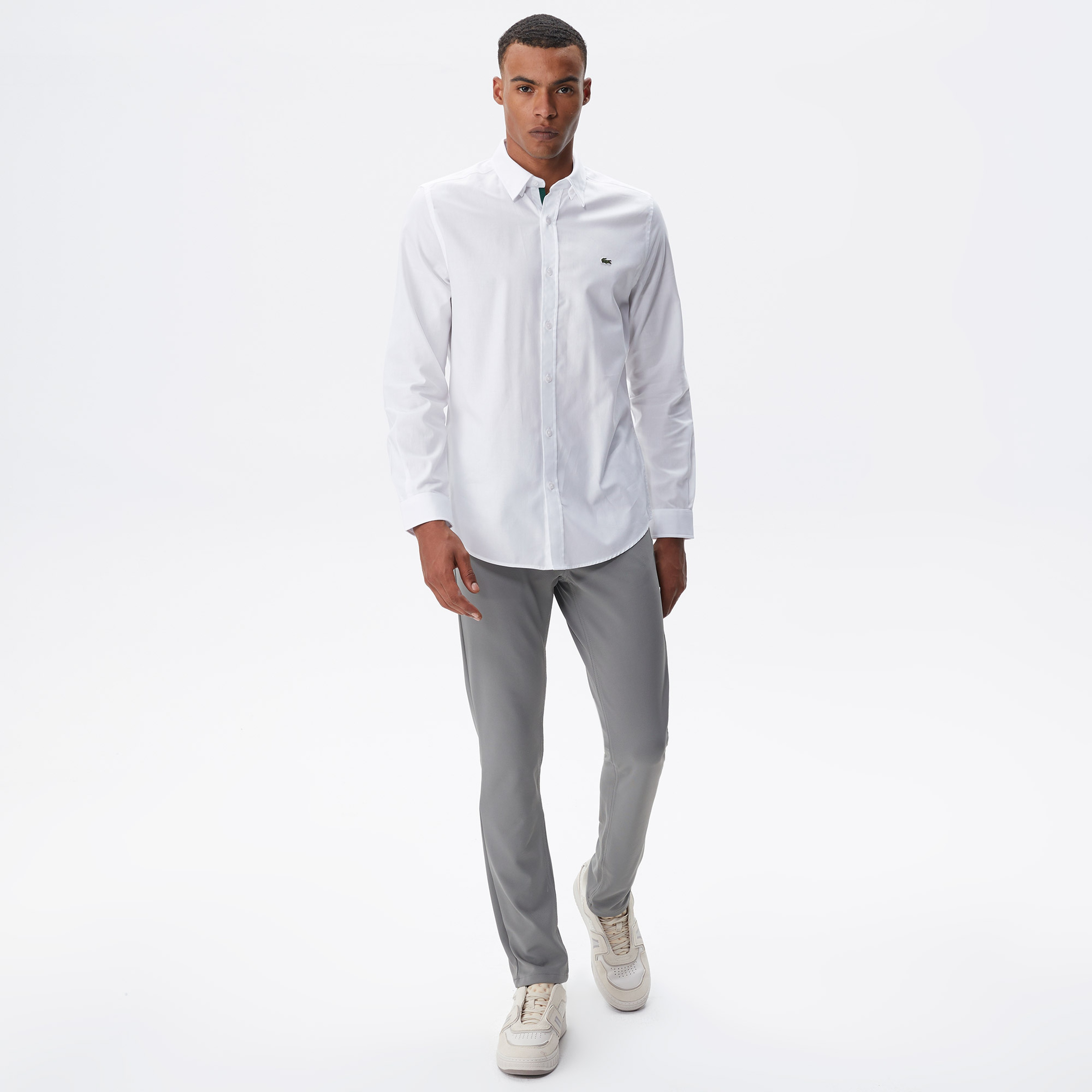 Erkek Slim Fit Düğmeli Yaka Beyaz Gömlek