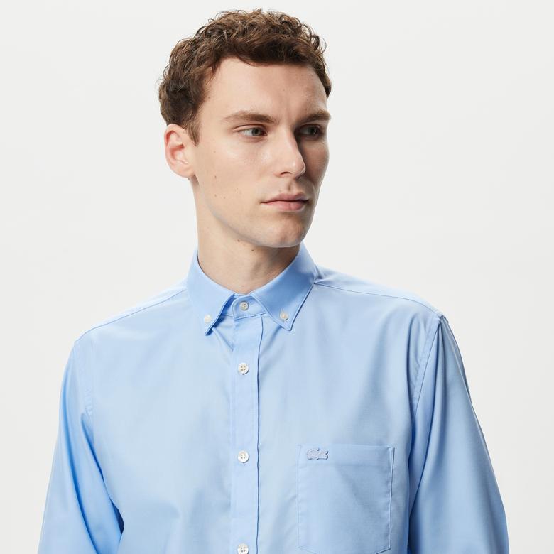 Erkek Regular Fit Düğmeli Yaka Mavi Gömlek