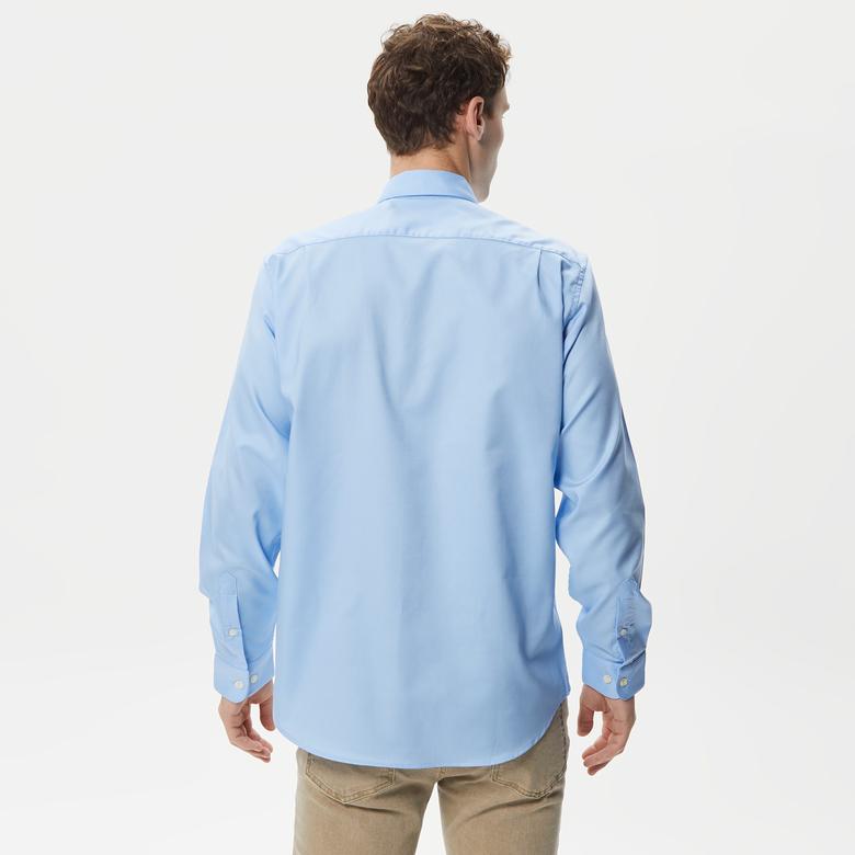 Erkek Regular Fit Düğmeli Yaka Mavi Gömlek