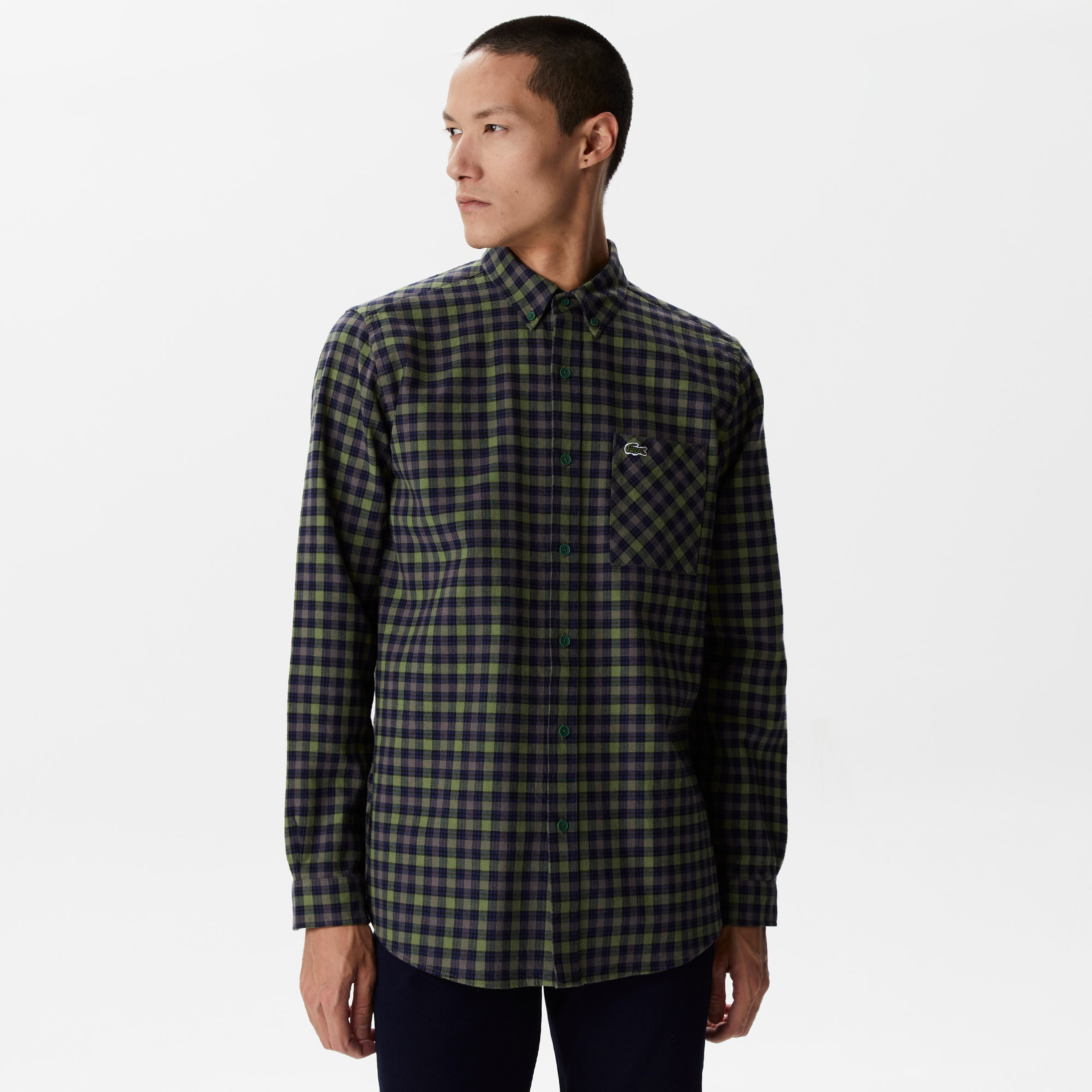 Erkek Regular Fit Ekose Koyu Yeşil Gömlek