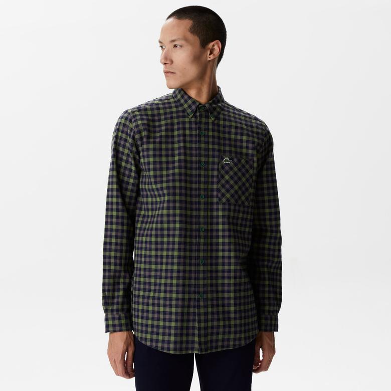 Erkek Regular Fit Ekose Koyu Yeşil Gömlek