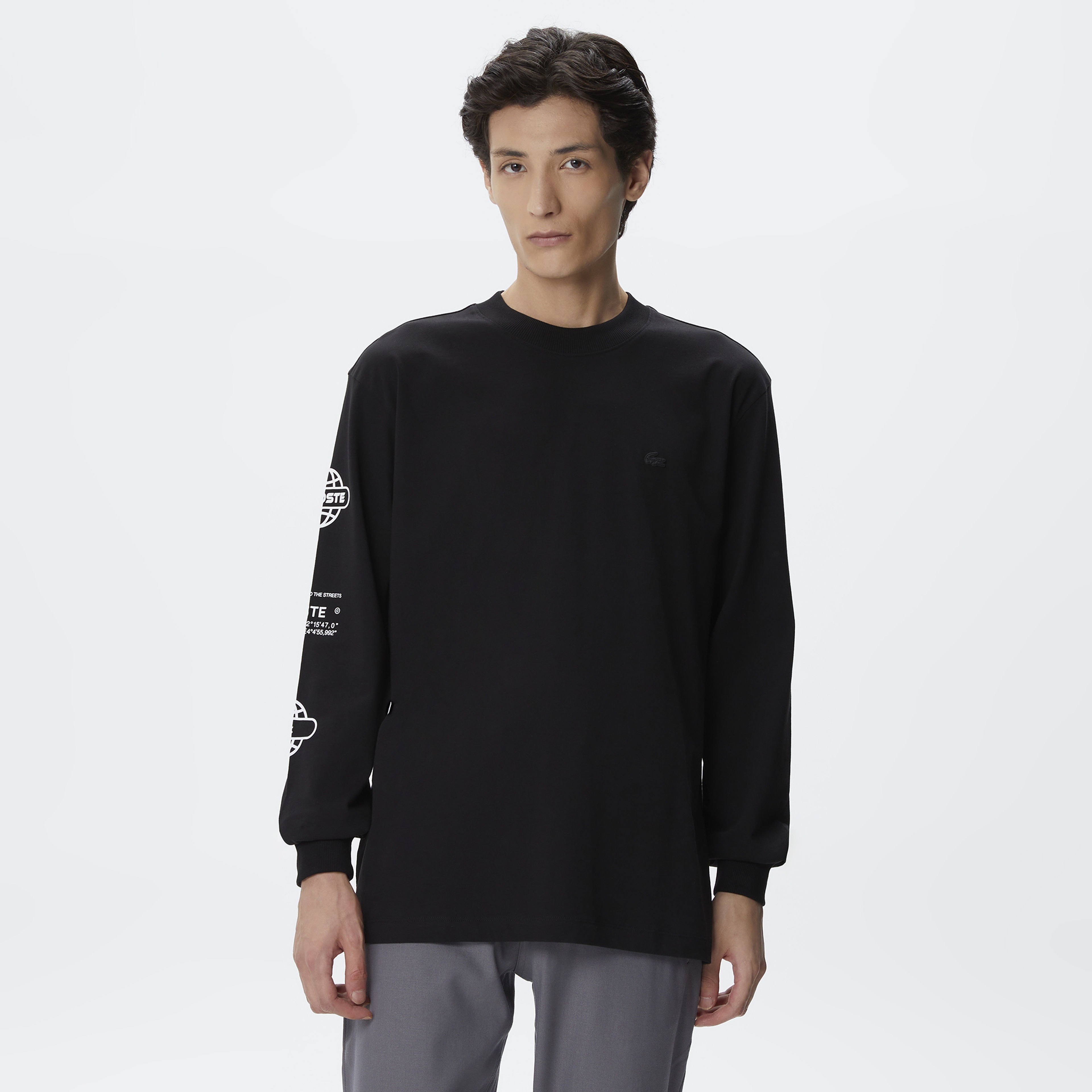 Erkek Relaxed Fit Uzun Kollu Bisiklet Yaka Baskılı Siyah T-Shirt