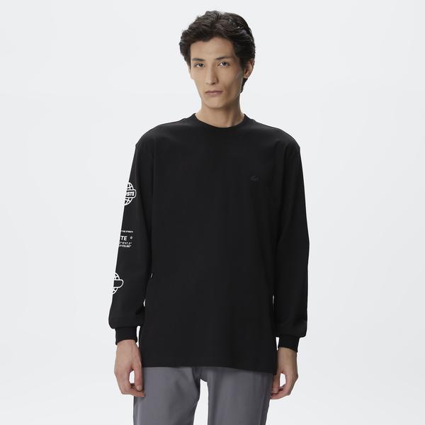 Erkek Relaxed Fit Uzun Kollu Bisiklet Yaka Baskılı Siyah T-Shirt