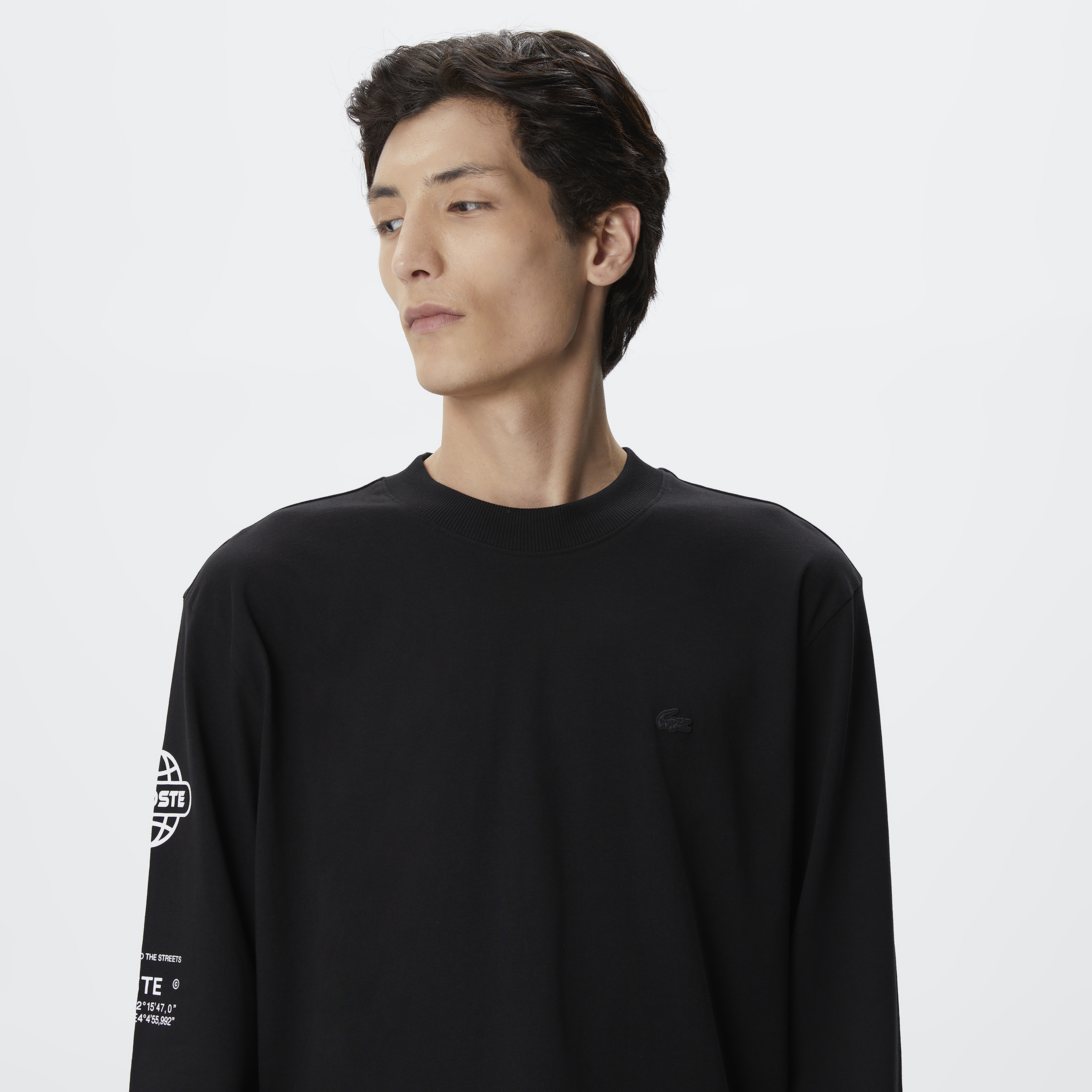 Erkek Relaxed Fit Uzun Kollu Bisiklet Yaka Baskılı Siyah T-Shirt