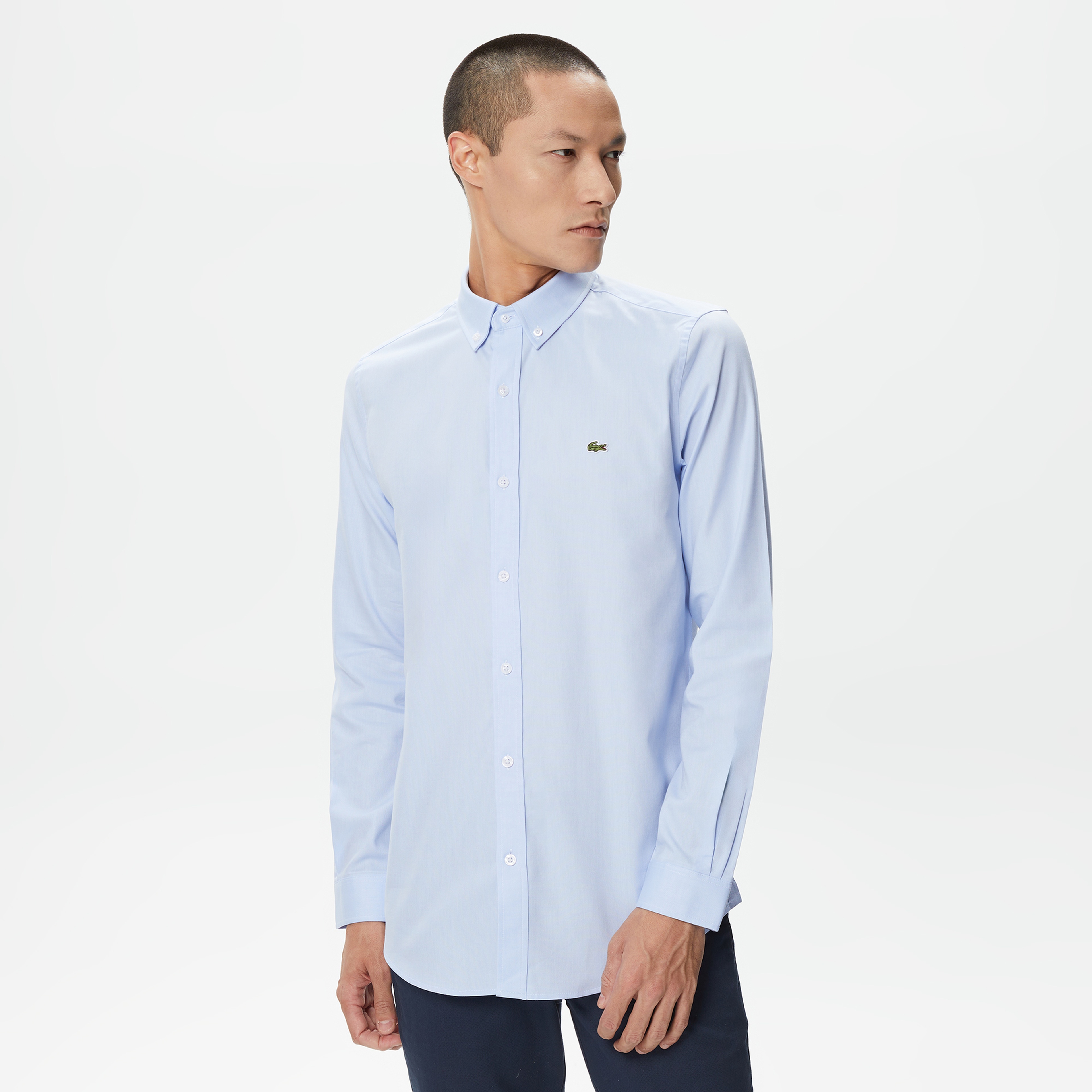 Erkek Slim Fit Düğmeli Yaka Açık Mavi Gömlek