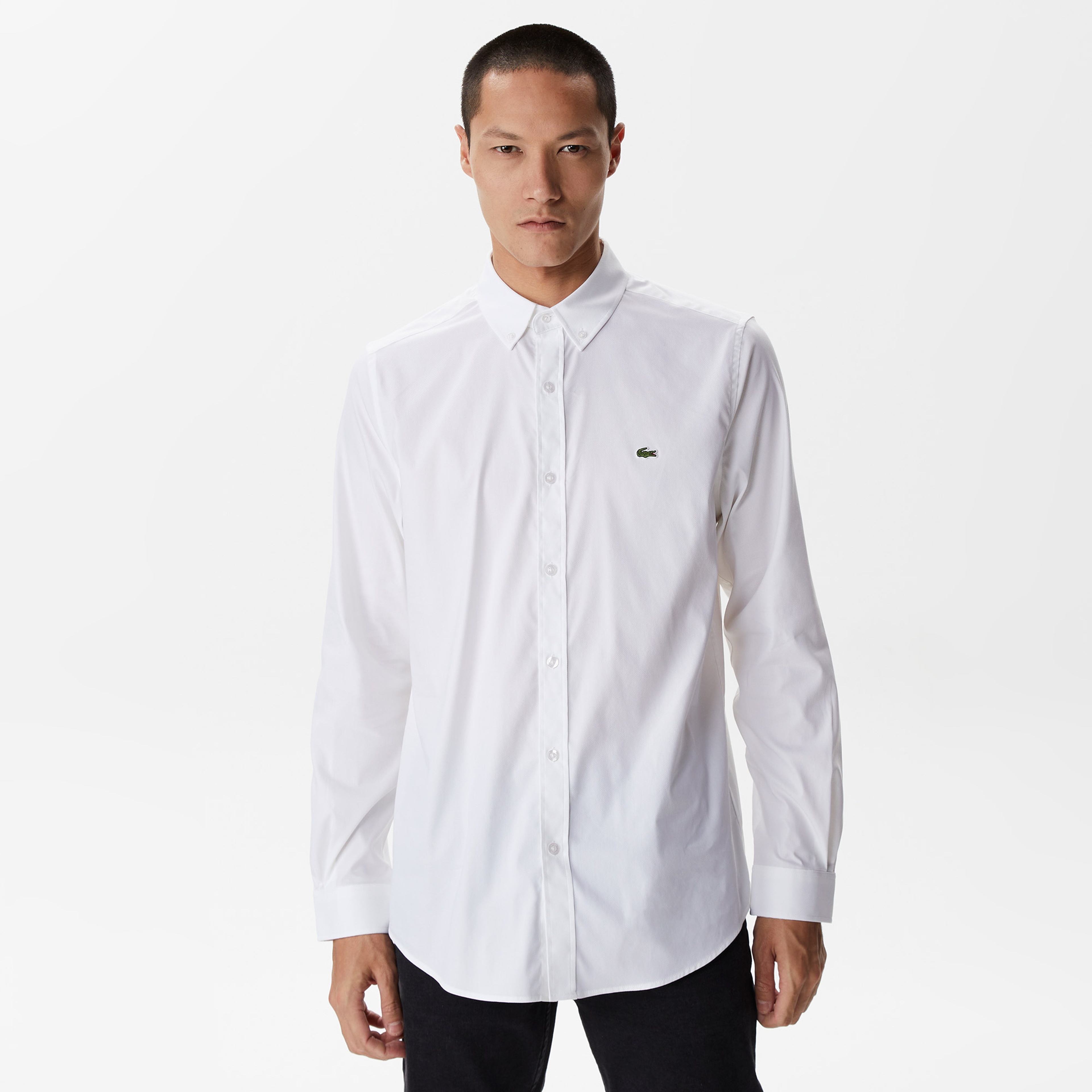 Erkek Slim Fit Düğmeli Yaka Beyaz Gömlek