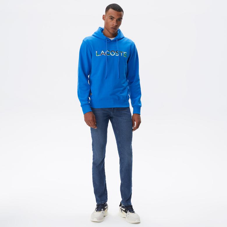 Erkek Regular Fit Kapüşonlu Baskılı Mavi Sweatshirt