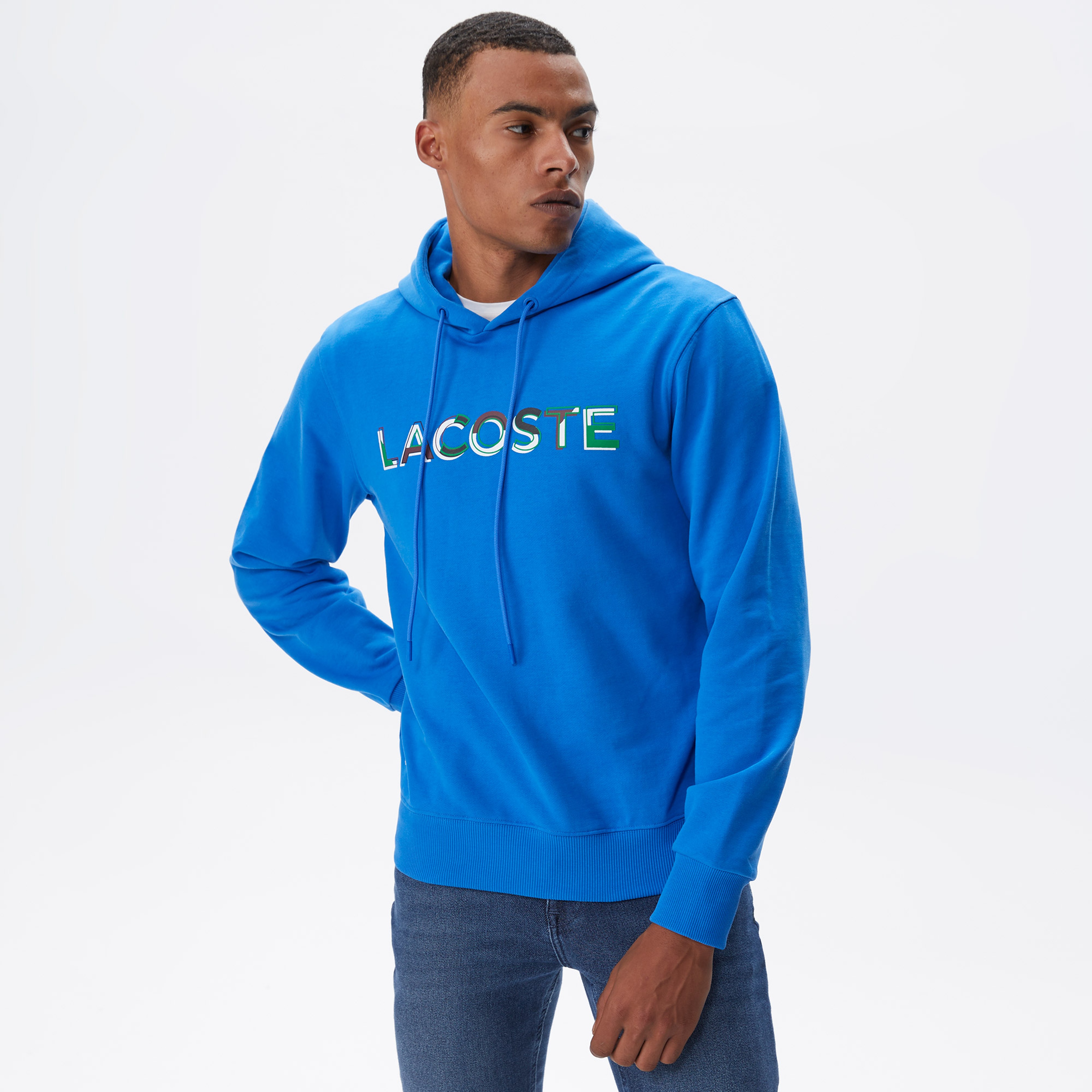 Erkek Regular Fit Kapüşonlu Baskılı Mavi Sweatshirt