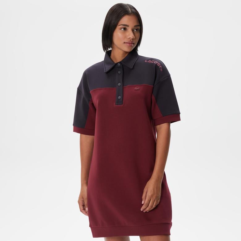 Kadın Regular Fit Kısa Kollu Polo Yaka Renk Bloklu Bordo Elbise