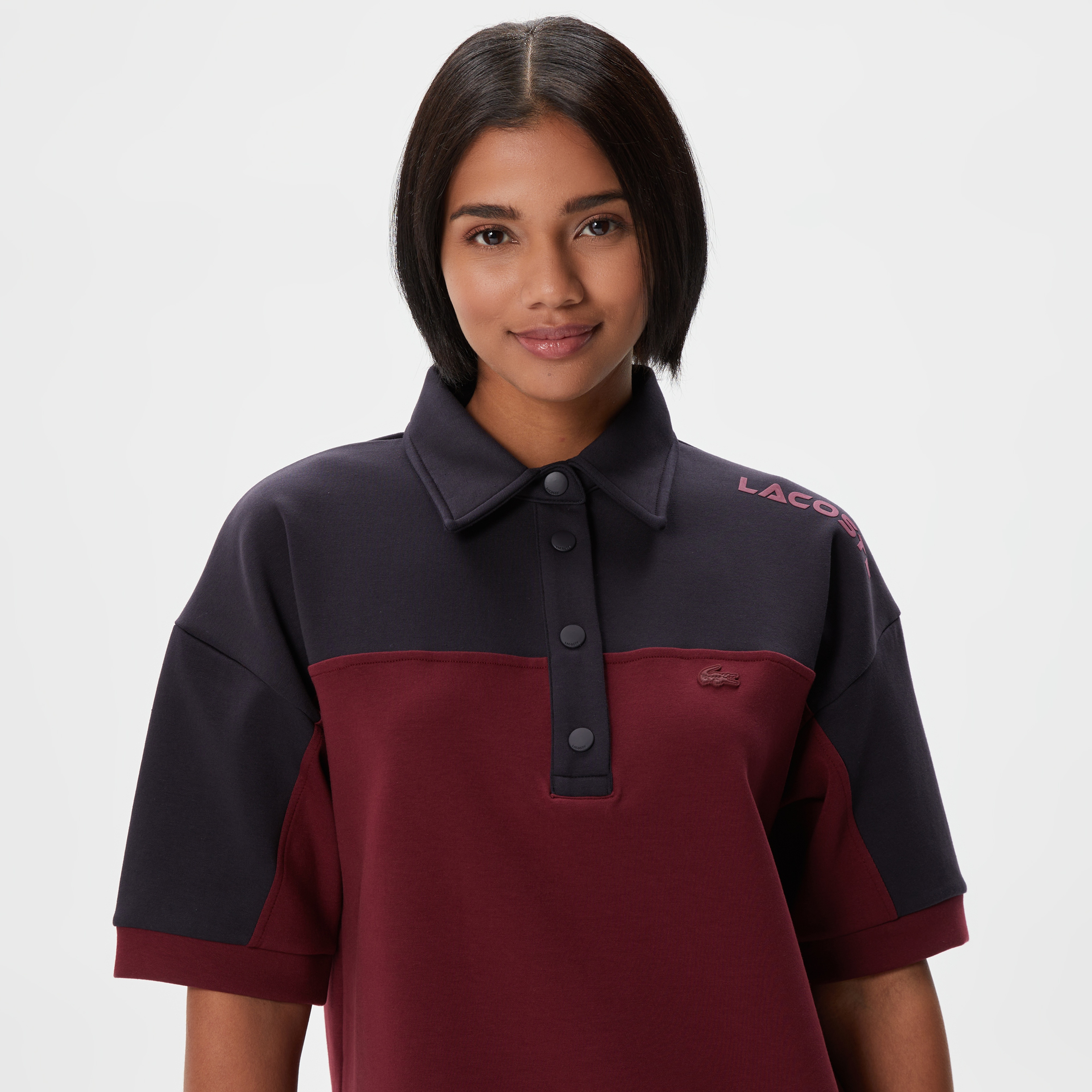 Kadın Regular Fit Kısa Kollu Polo Yaka Renk Bloklu Bordo Elbise