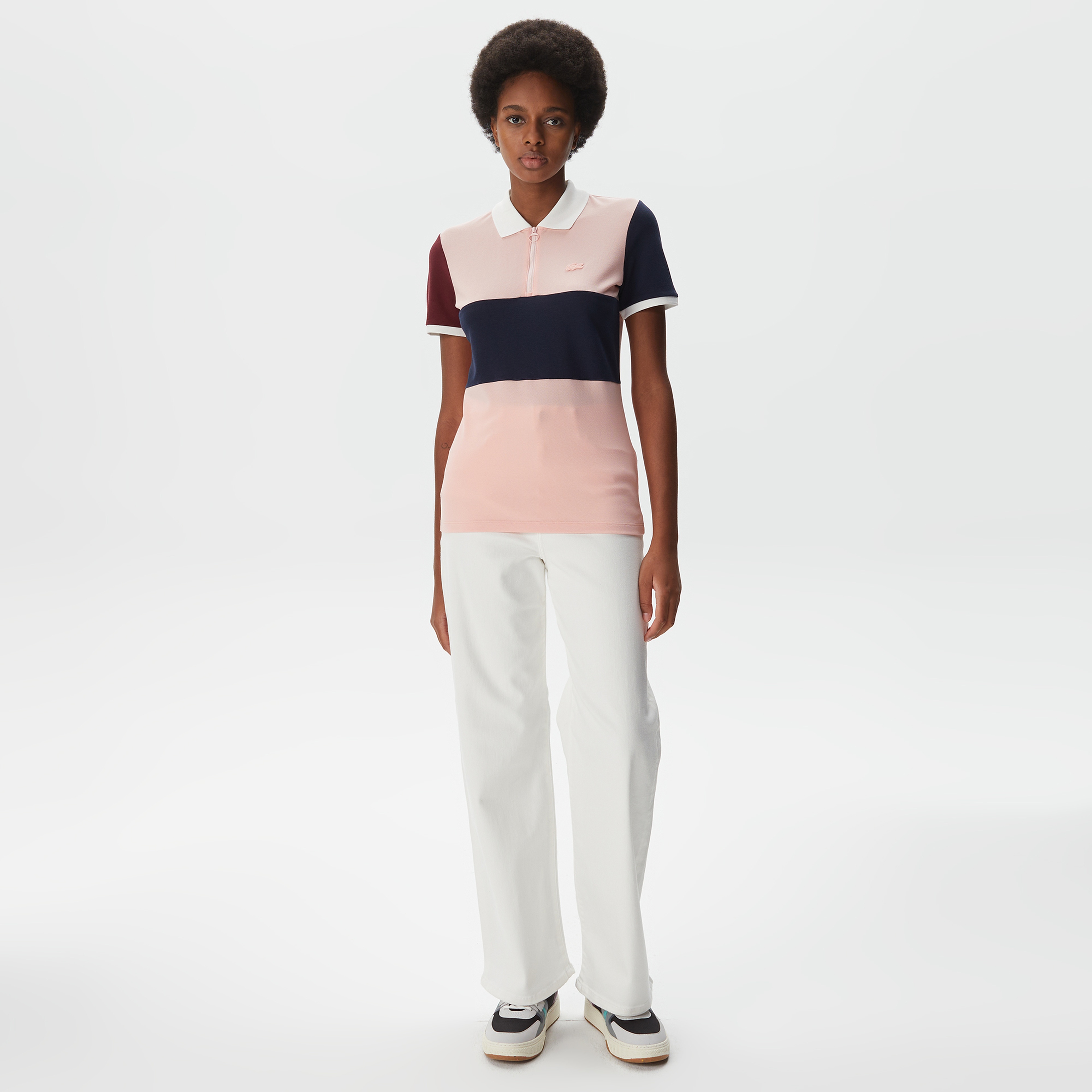 Kadın Loose Fit Yarım Fermuarlı Renk Bloklu Pembe Polo