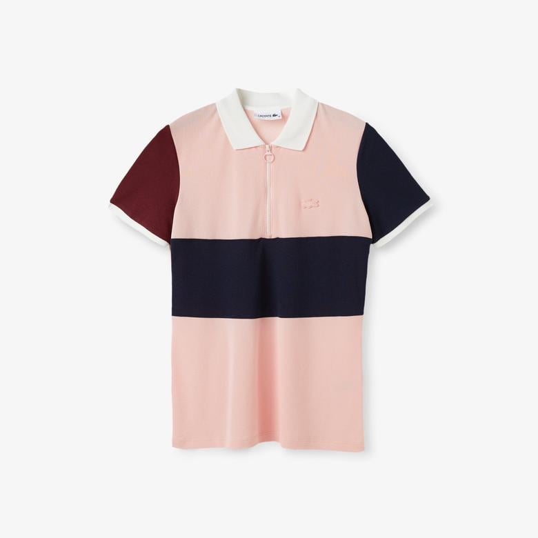 Kadın Loose Fit Yarım Fermuarlı Renk Bloklu Pembe Polo