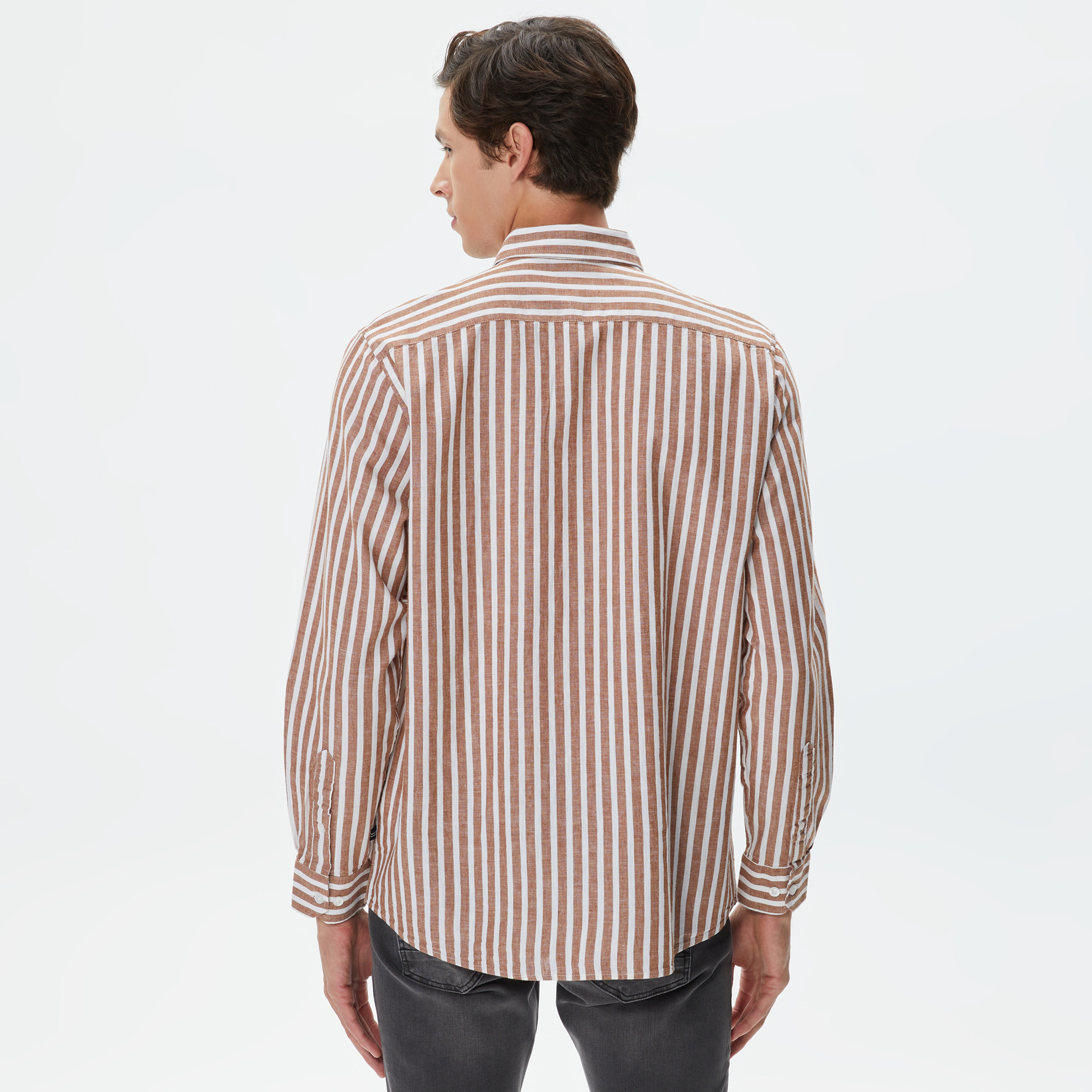 Nautica Erkek Bej Classic Fit Uzun Kollu Çizgili Gömlek