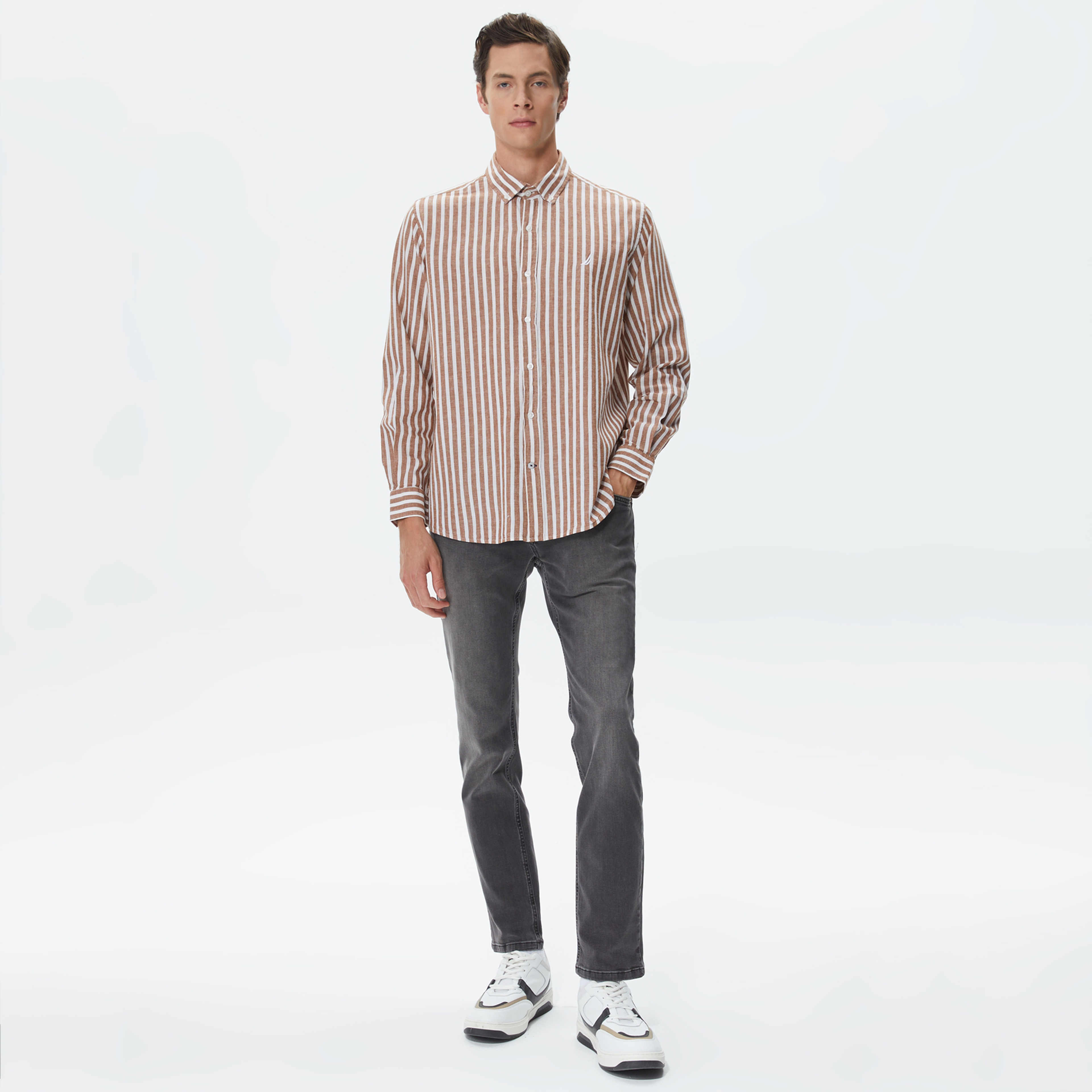 Nautica Erkek Bej Classic Fit Uzun Kollu Çizgili Gömlek