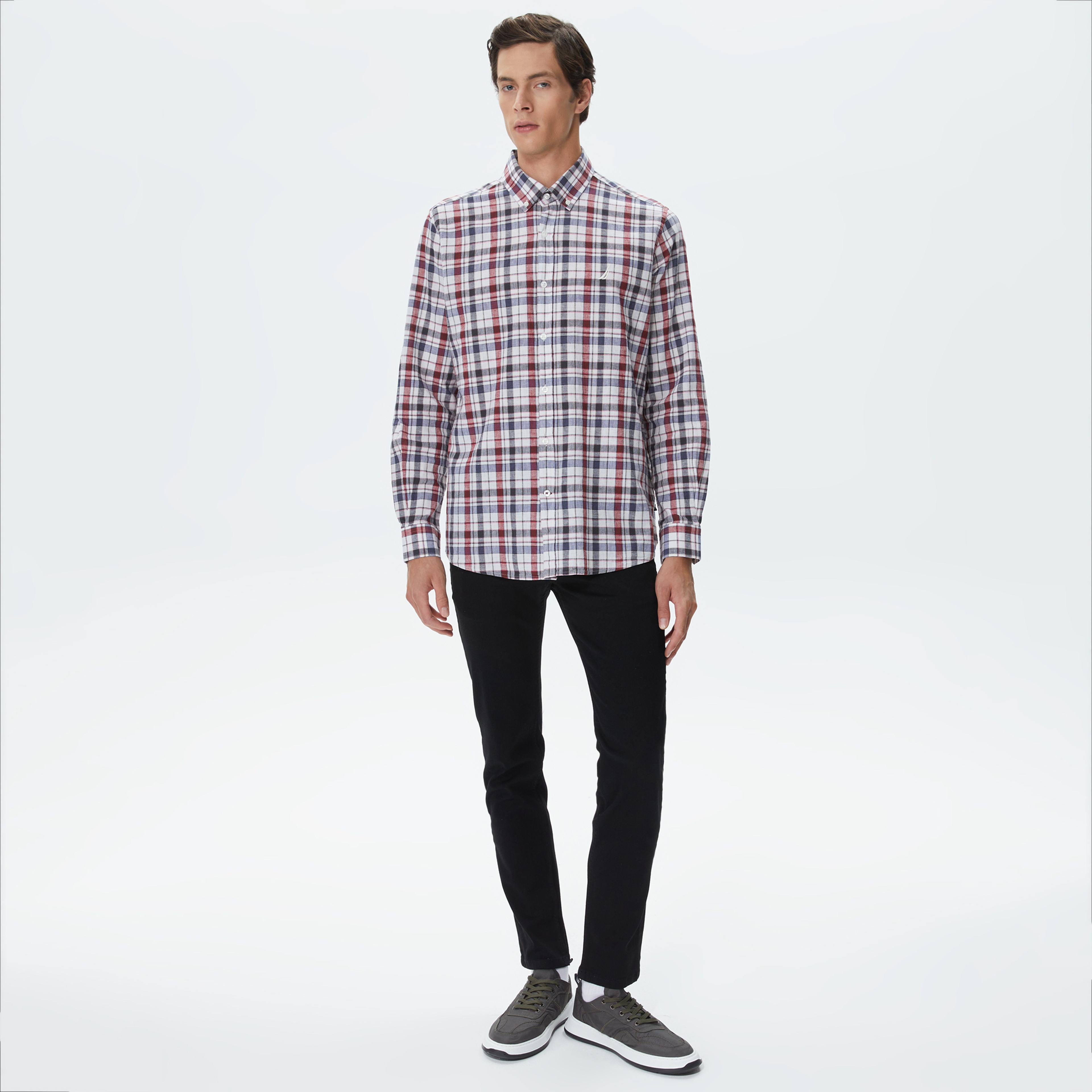 Nautica Erkek Kırık Beyaz Classic Fit Uzun Kollu Ekoseli Gömlek